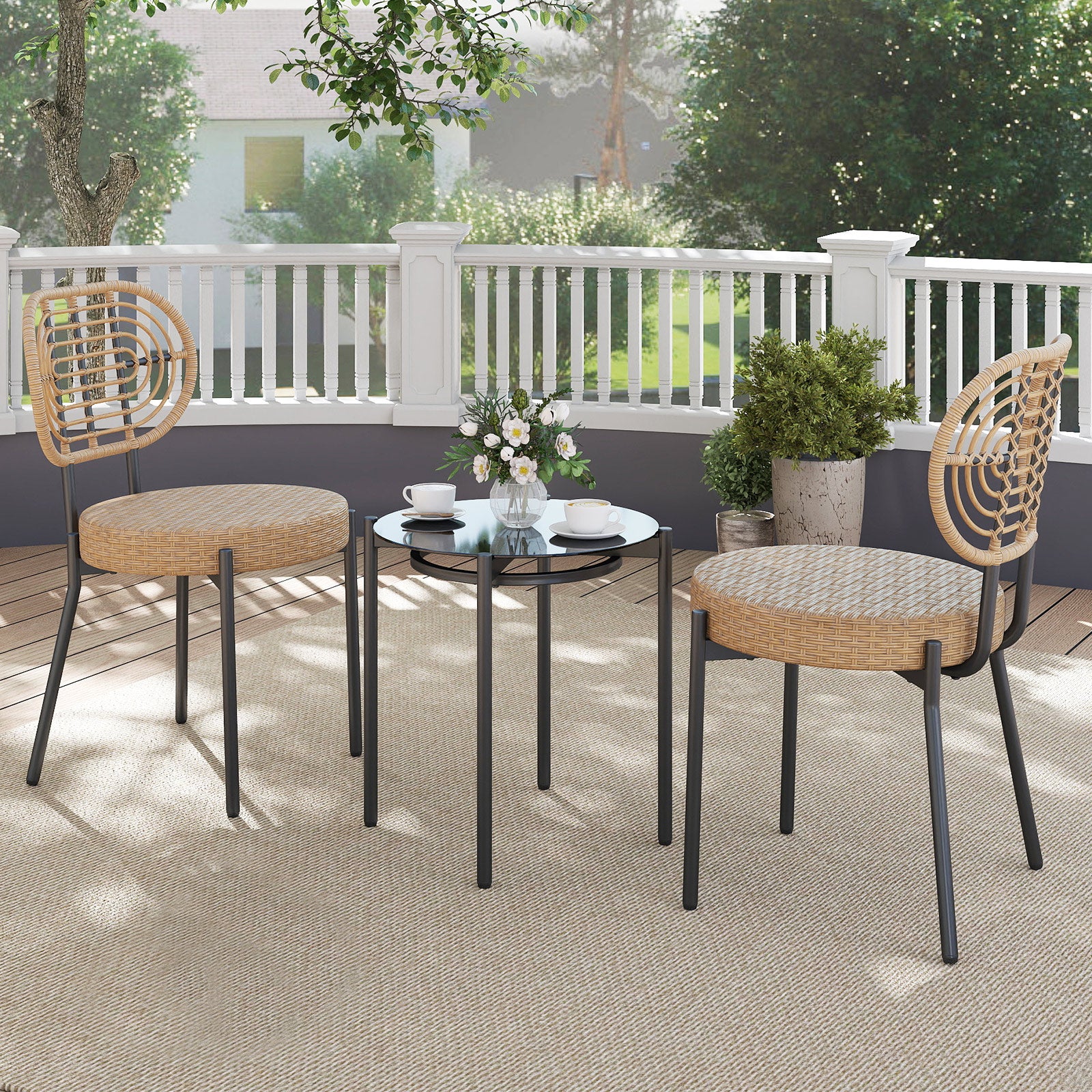 3 Pieces PE Wicker Outdoor Bistro Set Patio Conversation Set with Tempered Glass Coffee Table and Rattan Chairs-Brown - Image 3