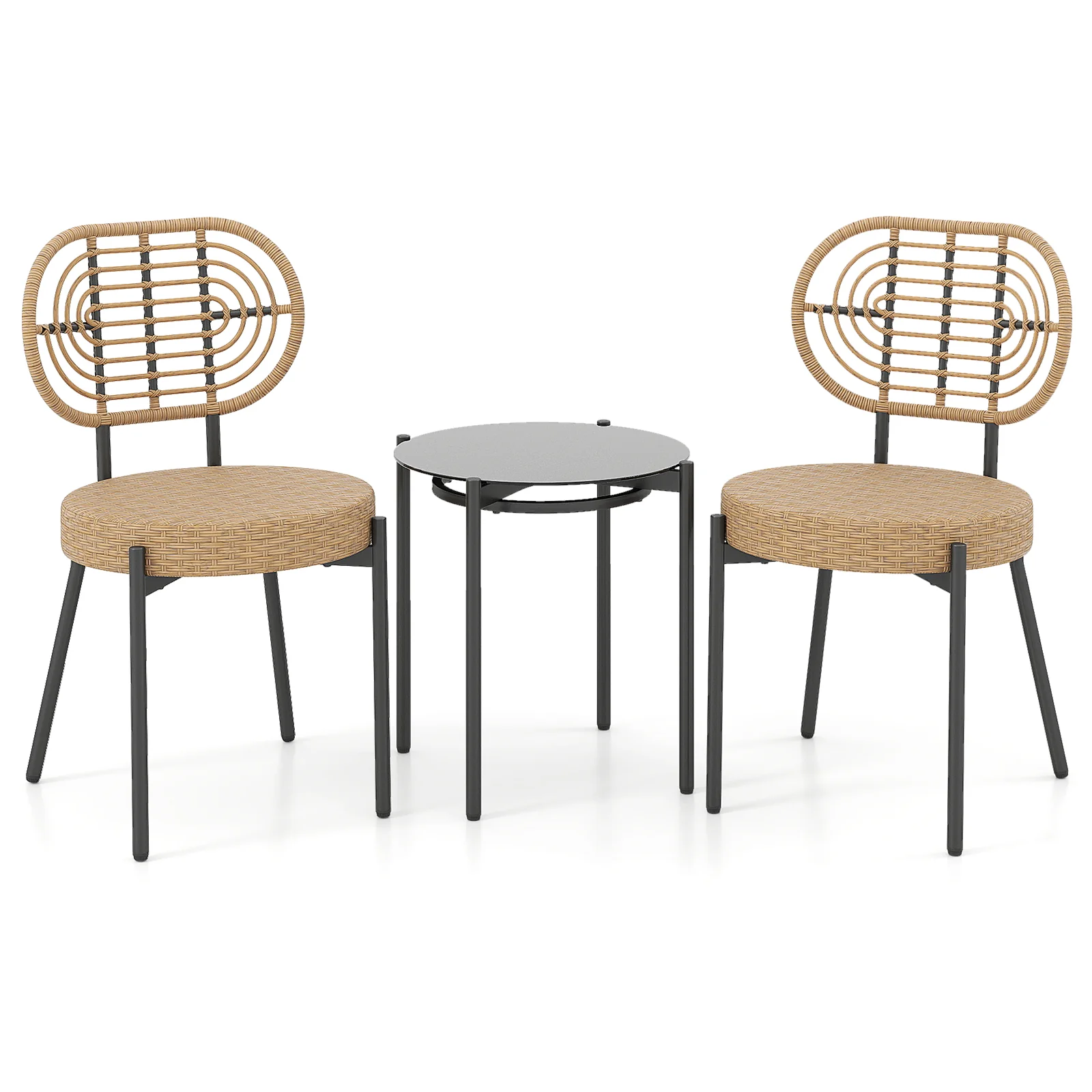 3 Pieces PE Wicker Outdoor Bistro Set Patio Conversation Set with Tempered Glass Coffee Table and Rattan Chairs-Brown - Image 4
