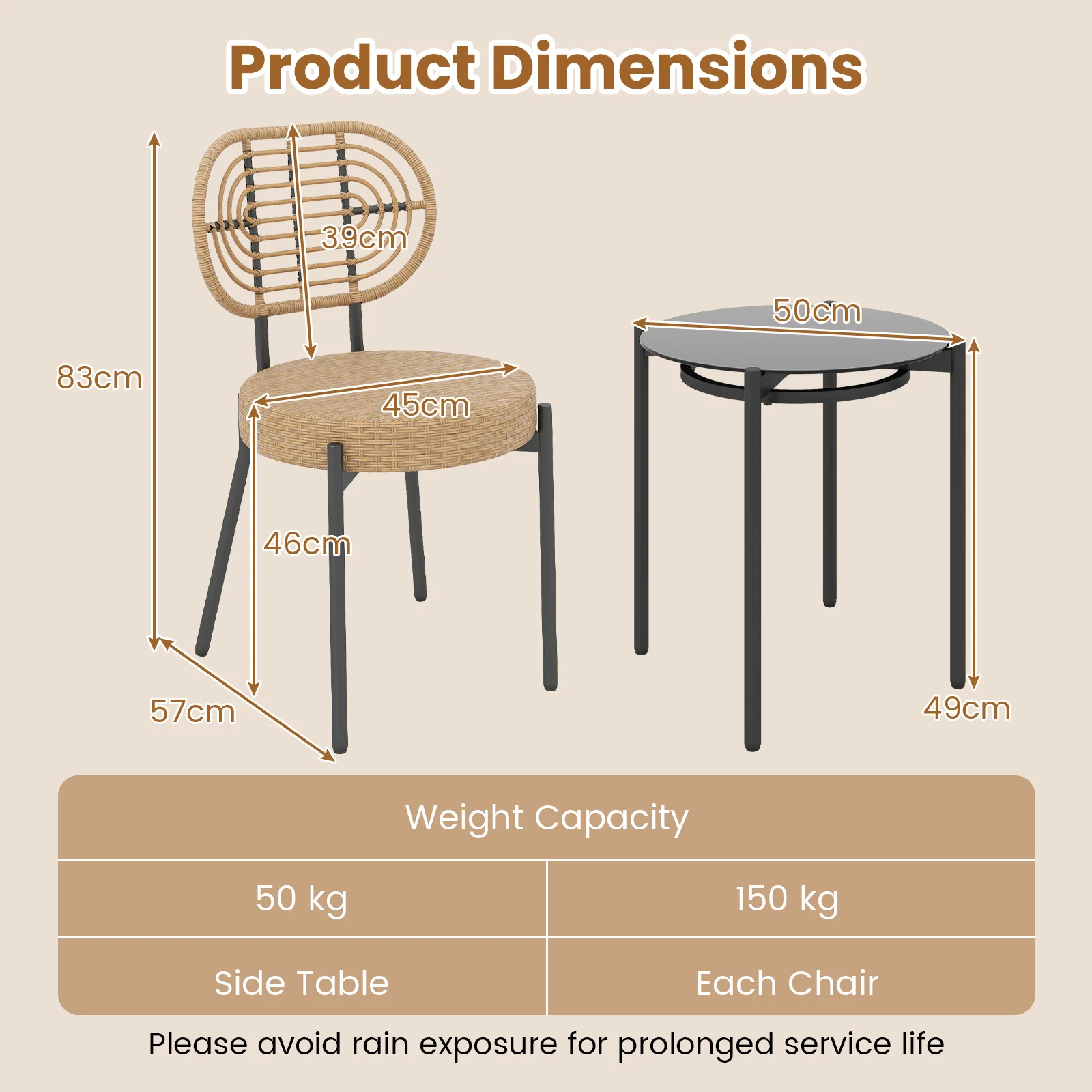 3 Pieces PE Wicker Outdoor Bistro Set Patio Conversation Set with Tempered Glass Coffee Table and Rattan Chairs-Brown - Image 5