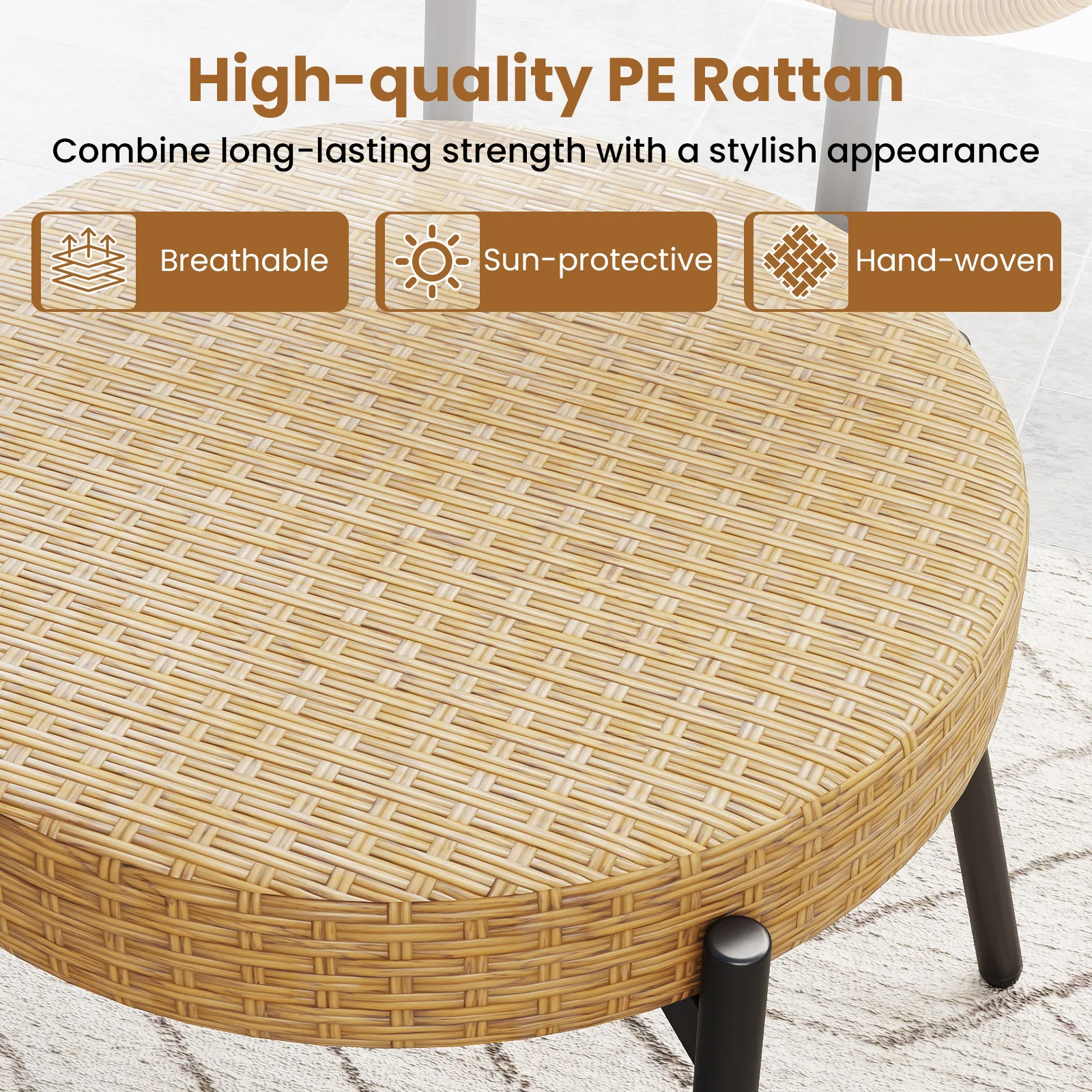 3 Pieces PE Wicker Outdoor Bistro Set Patio Conversation Set with Tempered Glass Coffee Table and Rattan Chairs-Brown - Image 6