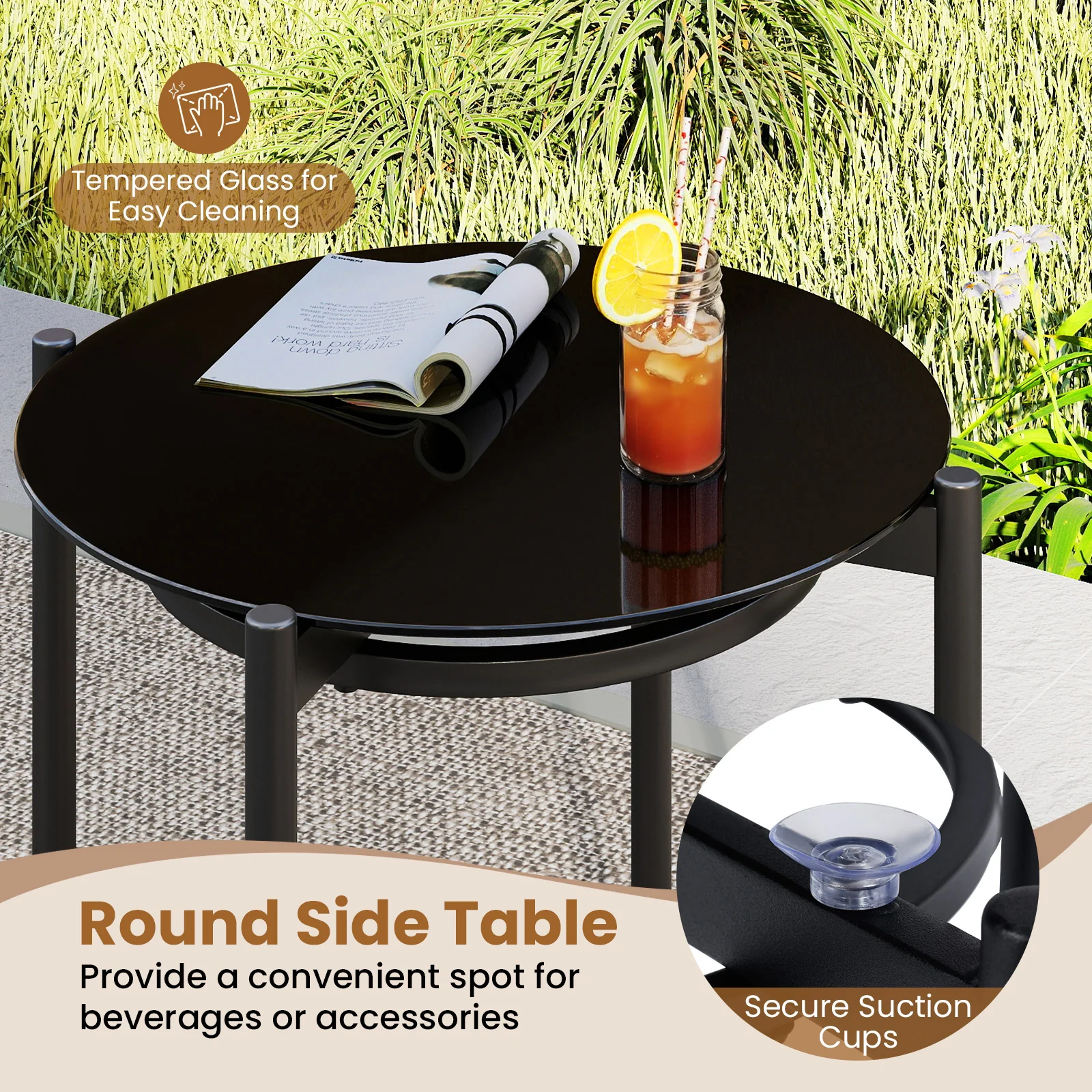 3 Pieces PE Wicker Outdoor Bistro Set Patio Conversation Set with Tempered Glass Coffee Table and Rattan Chairs-Brown - Image 7