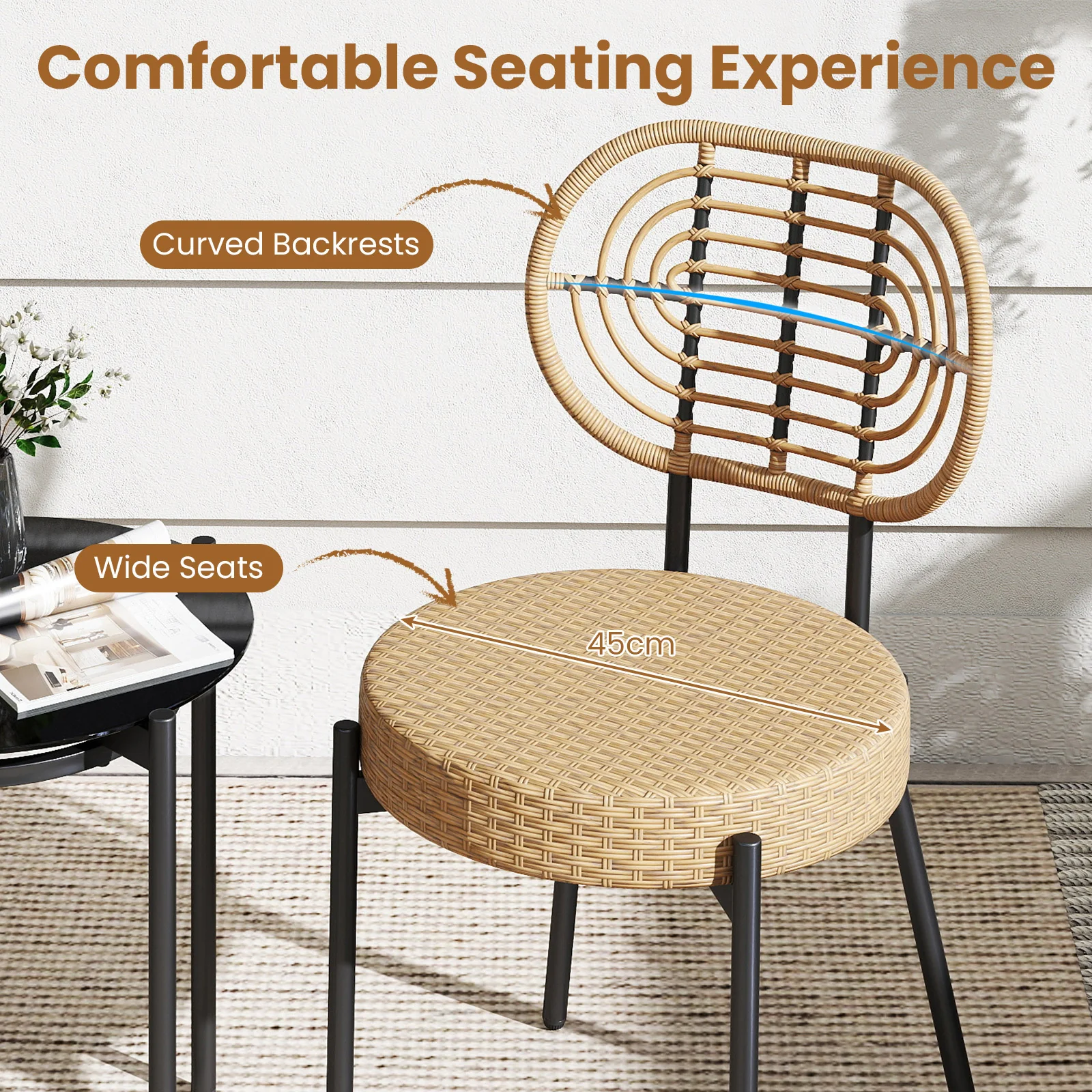 3 Pieces PE Wicker Outdoor Bistro Set Patio Conversation Set with Tempered Glass Coffee Table and Rattan Chairs-Brown - Image 8