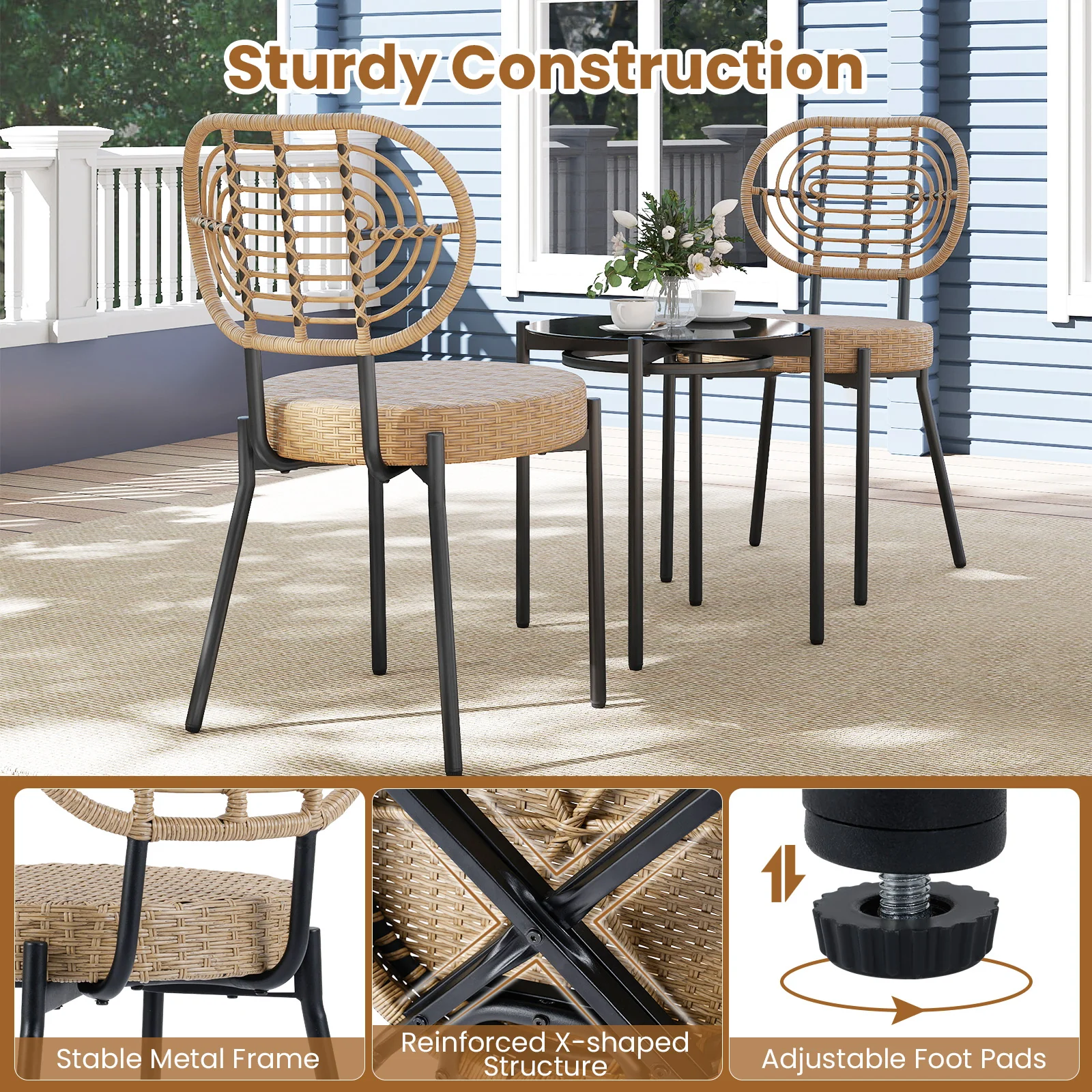 3 Pieces PE Wicker Outdoor Bistro Set Patio Conversation Set with Tempered Glass Coffee Table and Rattan Chairs-Brown - Image 9