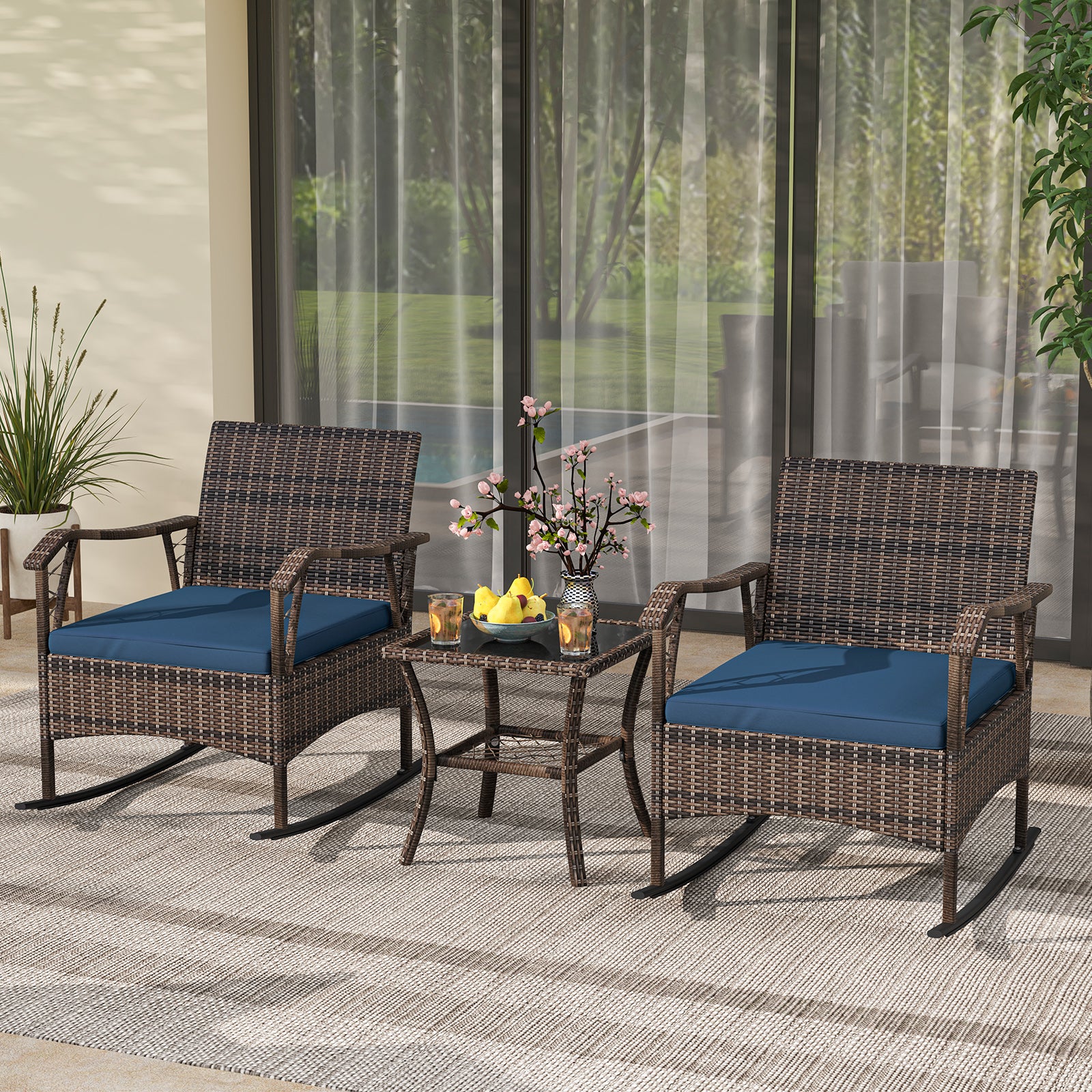 3 Pieces Rocking Bistro Set with Cushions for Porch-Navy - Image 2