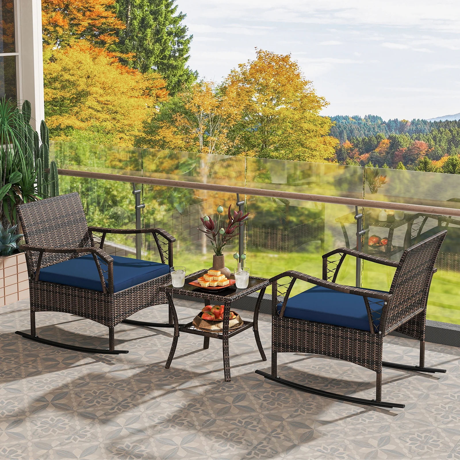 3 Pieces Rocking Bistro Set with Cushions for Porch-Navy - Image 3