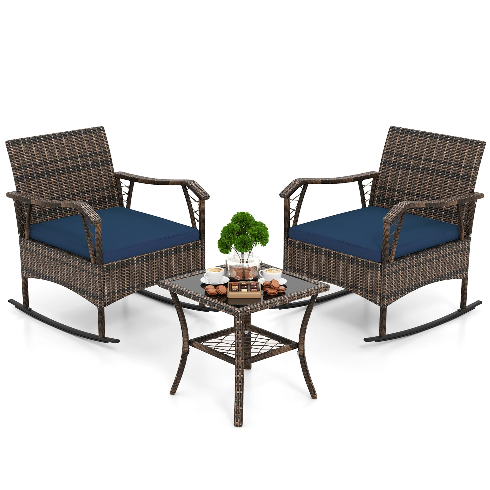 3 Pieces Rocking Bistro Set with Cushions for Porch-Navy - Image 4