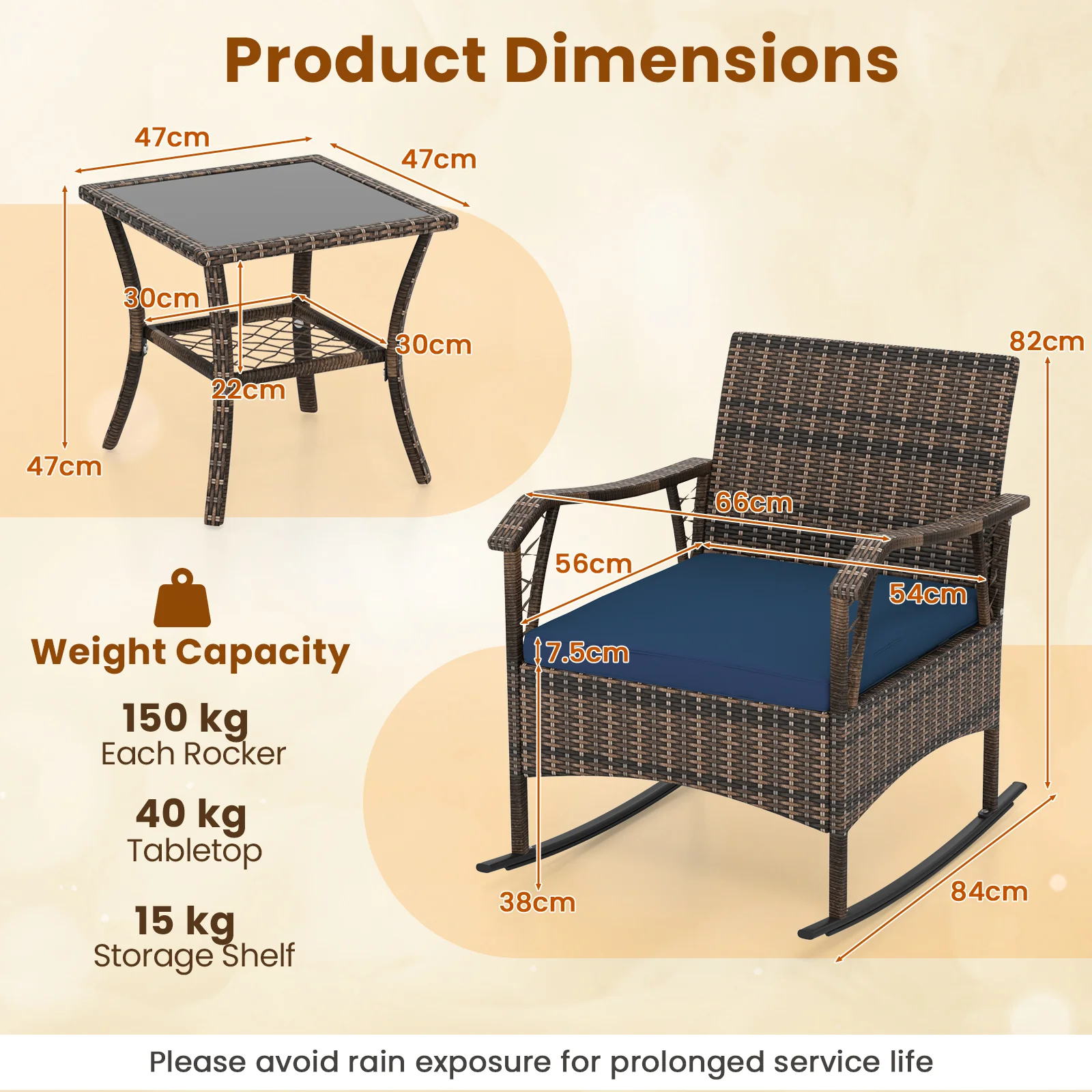 3 Pieces Rocking Bistro Set with Cushions for Porch-Navy - Image 5