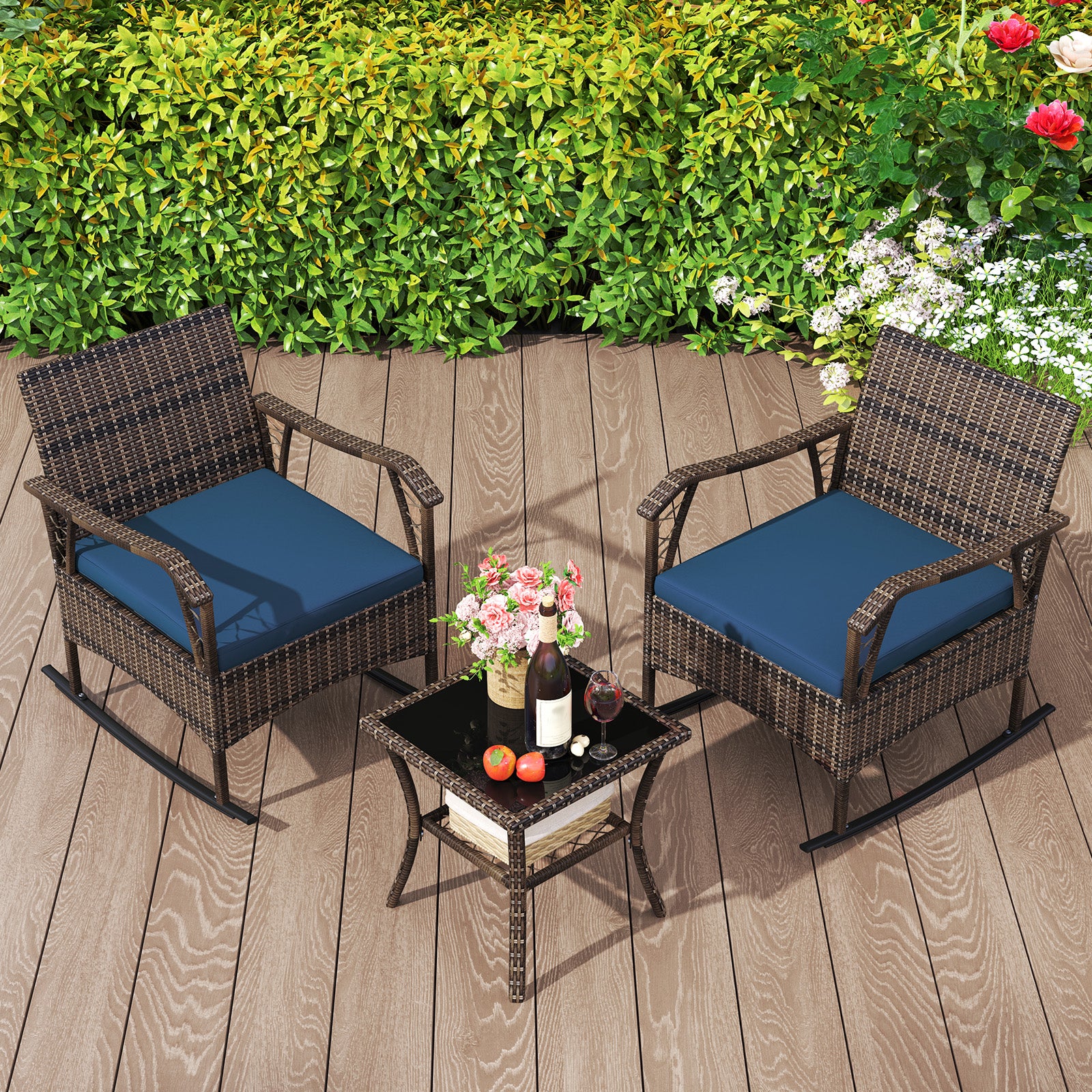 3 Pieces Rocking Bistro Set with Cushions for Porch-Navy - Image 6