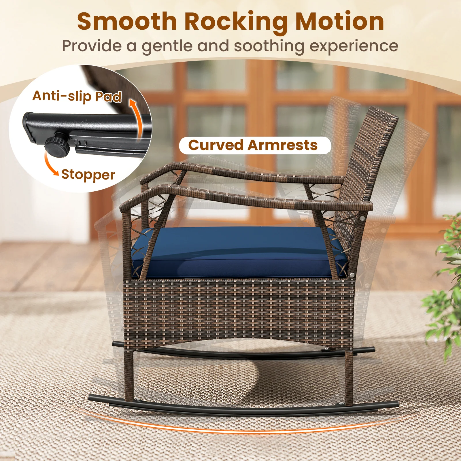 3 Pieces Rocking Bistro Set with Cushions for Porch-Navy - Image 7