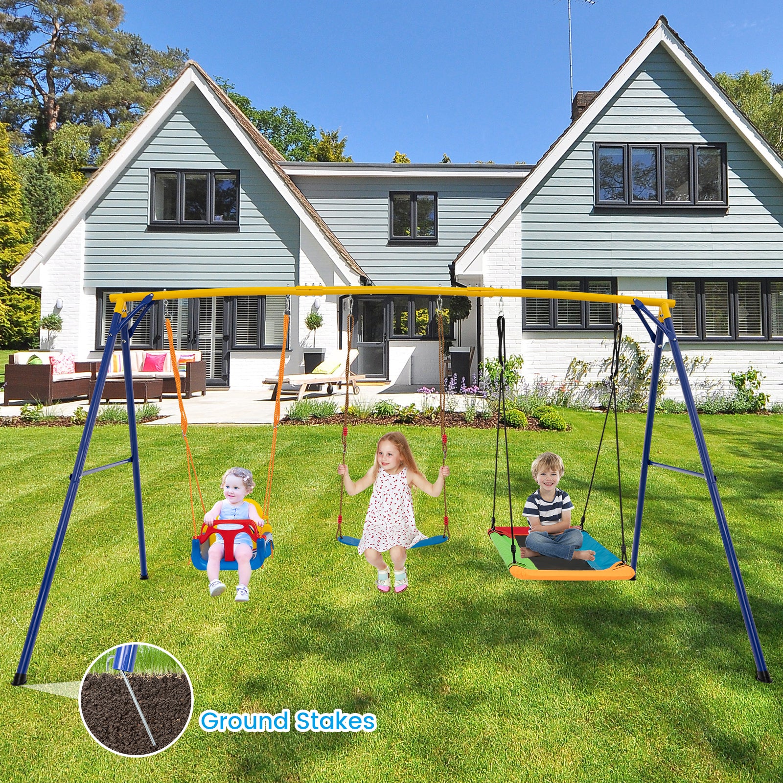 300 kg Indoor Outdoor Swing Set Carbon Steel Swing Frame-Blue & Yellow - Image 3