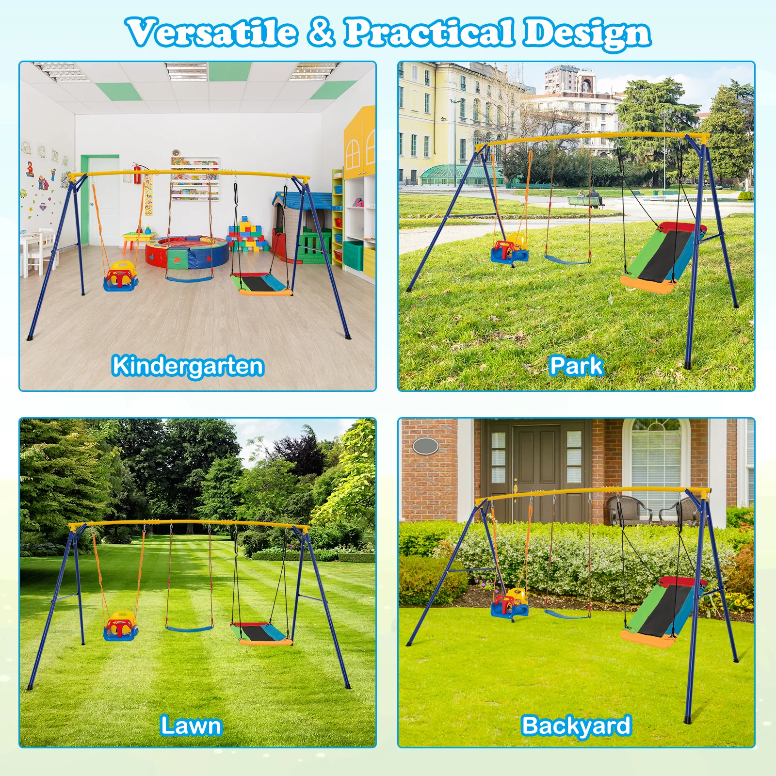 300 kg Indoor Outdoor Swing Set Carbon Steel Swing Frame-Blue & Yellow - Image 9