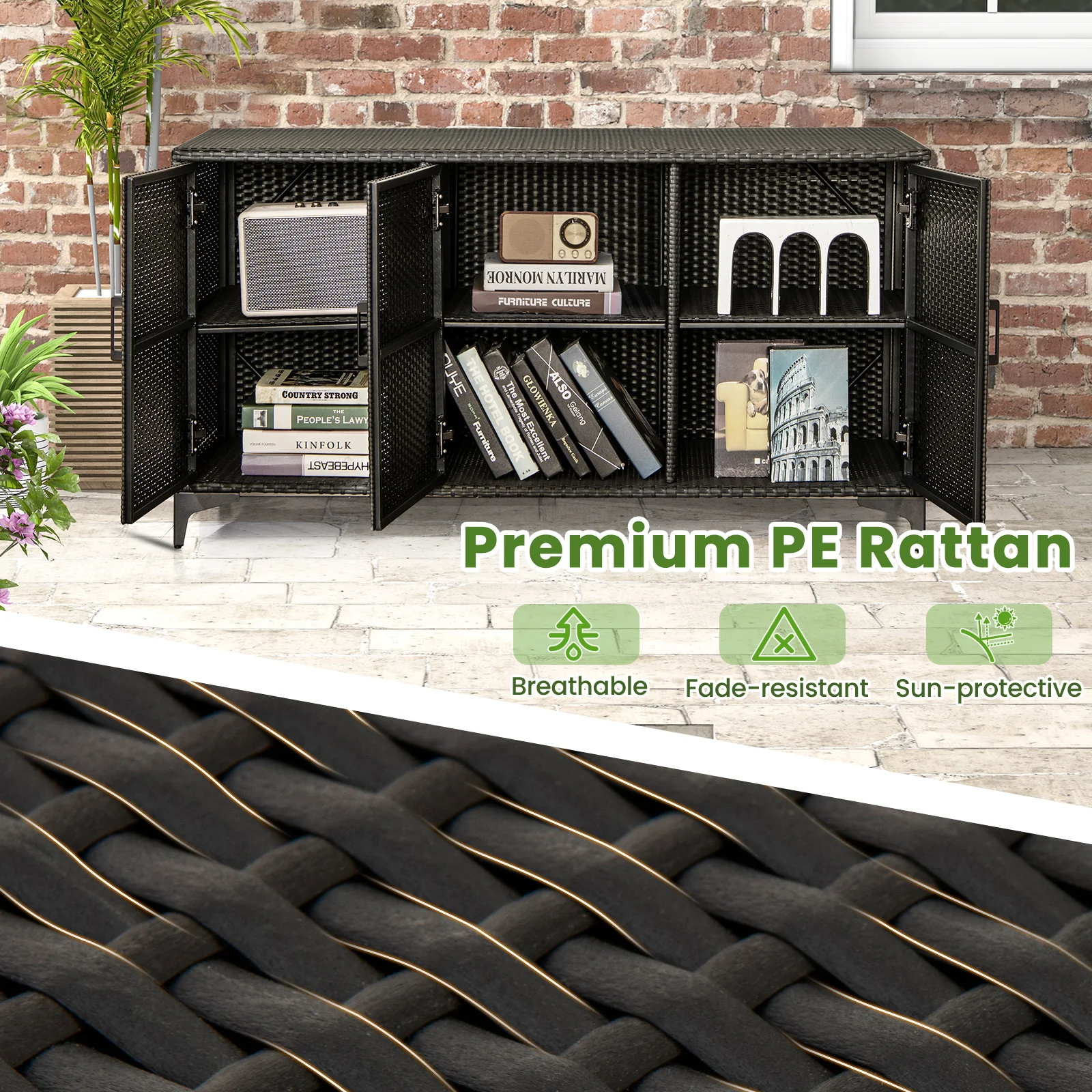 318 L Patio Wicker Storage Cabinet Deck Box with Removable Shelves-Black - Image 8