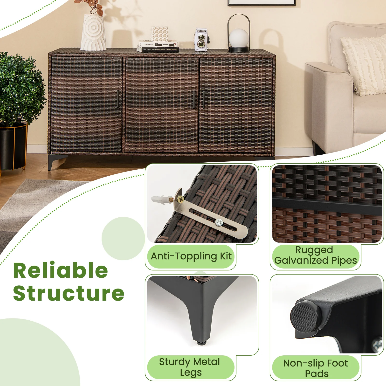 318 L Patio Wicker Storage Cabinet Deck Box With Removable Shelves-Brown - Image 9