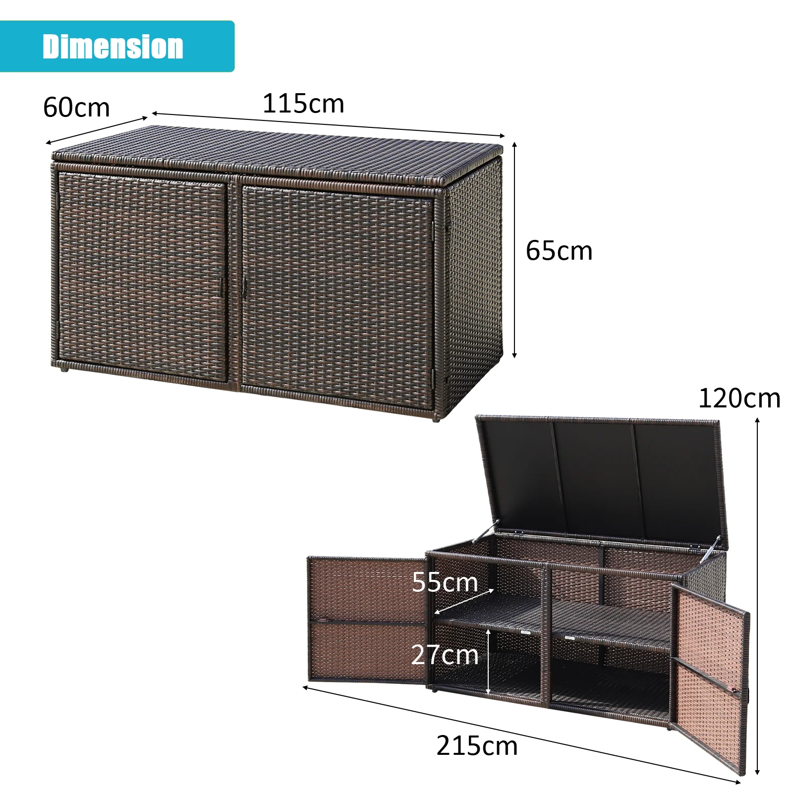 330L 2-Tier Outdoor PE Wicker Storage Box With Lid And Front Doors-Brown - Image 5