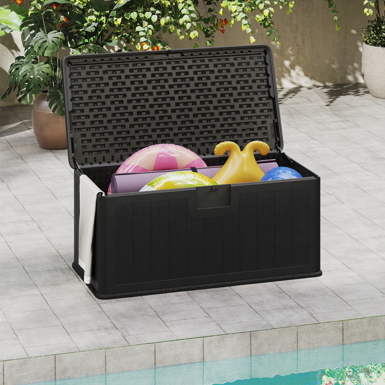 380L Large Waterproof Storage Deck Box for Garden Tools-Black - Image 2