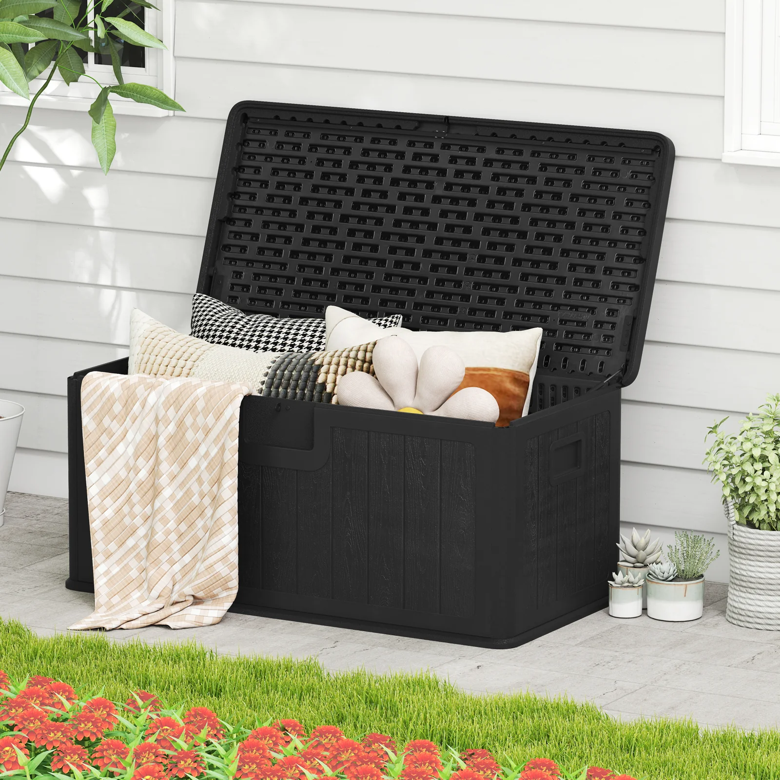 380L Large Waterproof Storage Deck Box for Garden Tools-Black - Image 3