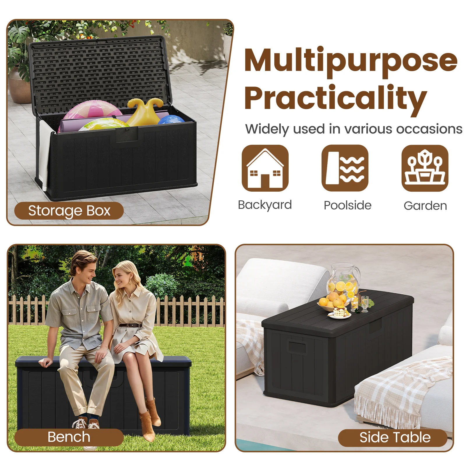 380L Large Waterproof Storage Deck Box for Garden Tools-Black - Image 6