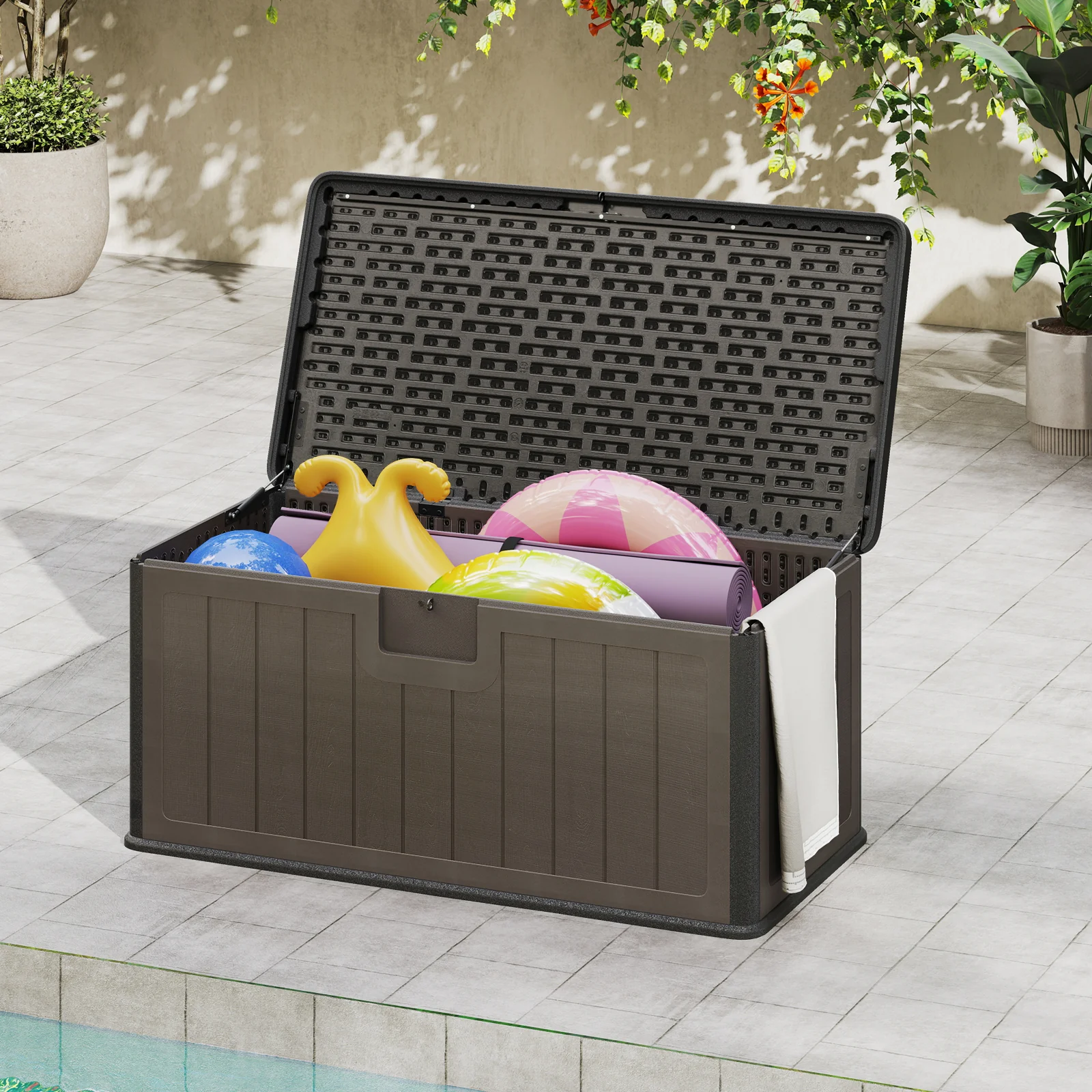 380L Large Waterproof Storage Deck Box for Garden Tools-Brown - Image 2