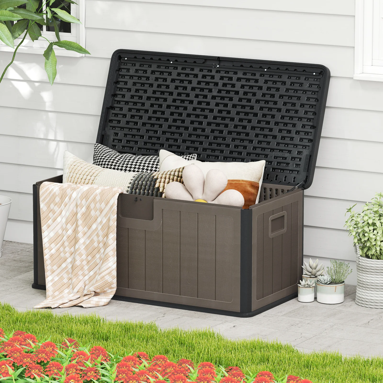 380L Large Waterproof Storage Deck Box for Garden Tools-Brown - Image 3