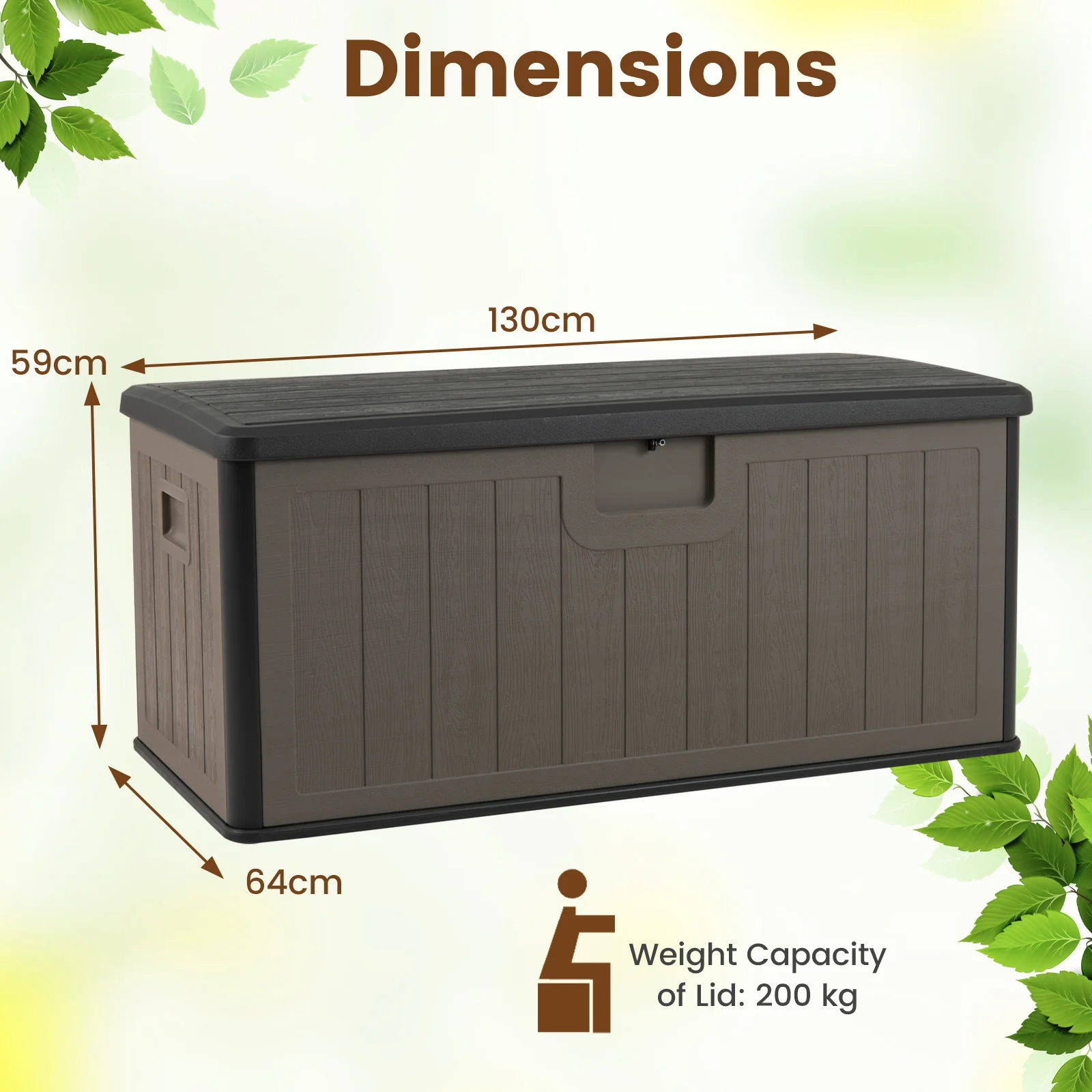 380L Large Waterproof Storage Deck Box for Garden Tools-Brown - Image 5