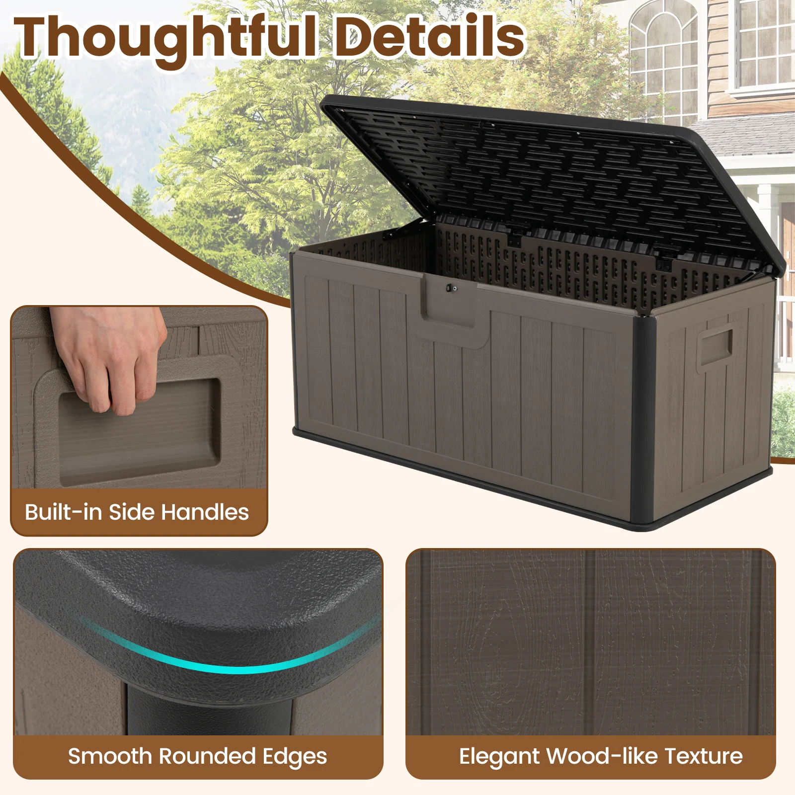380L Large Waterproof Storage Deck Box for Garden Tools-Brown - Image 6