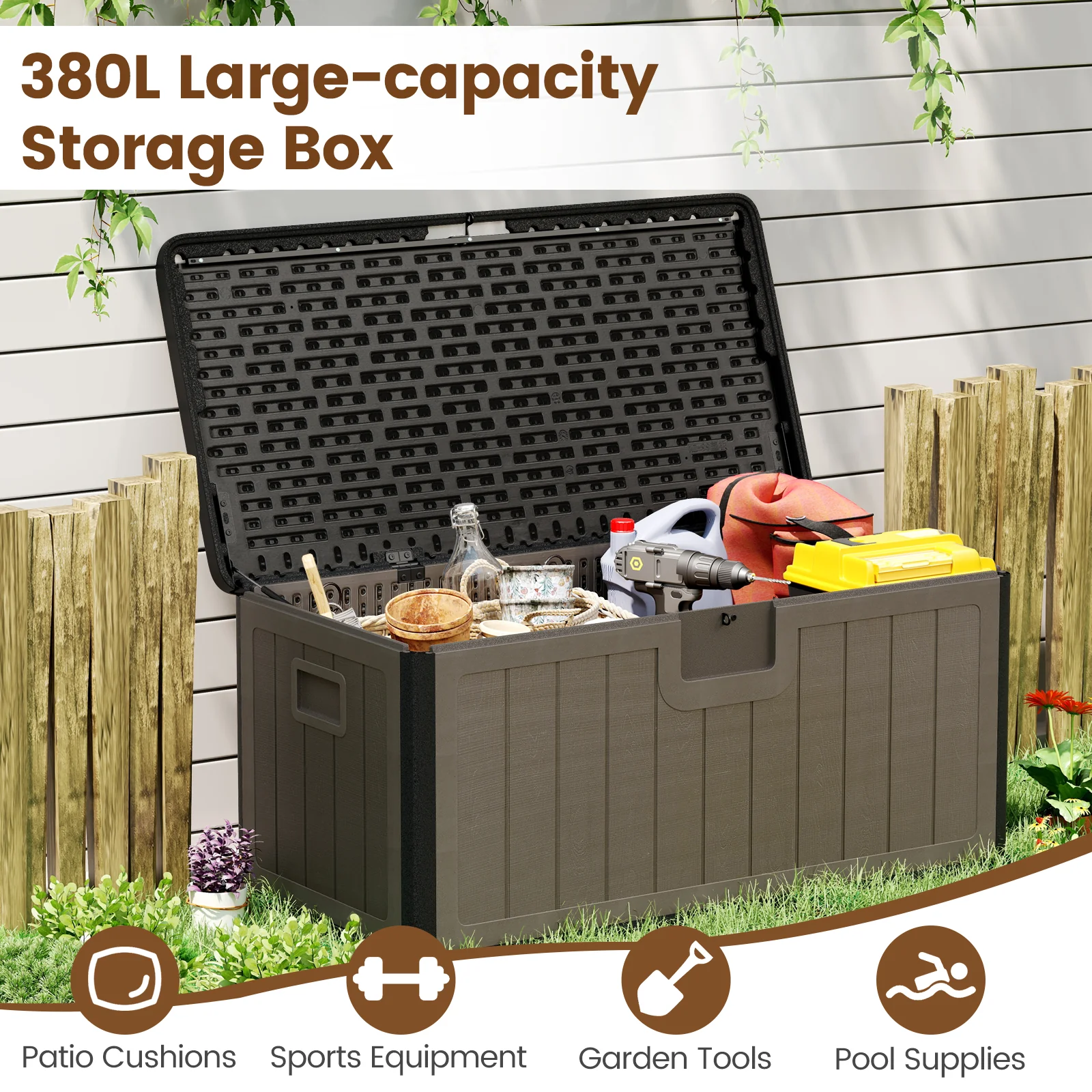 380L Large Waterproof Storage Deck Box for Garden Tools-Brown - Image 7