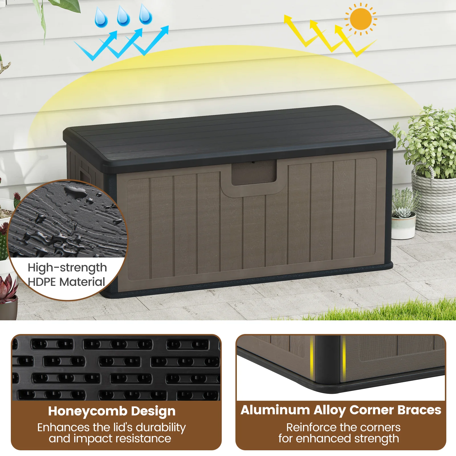 380L Large Waterproof Storage Deck Box for Garden Tools-Brown - Image 8