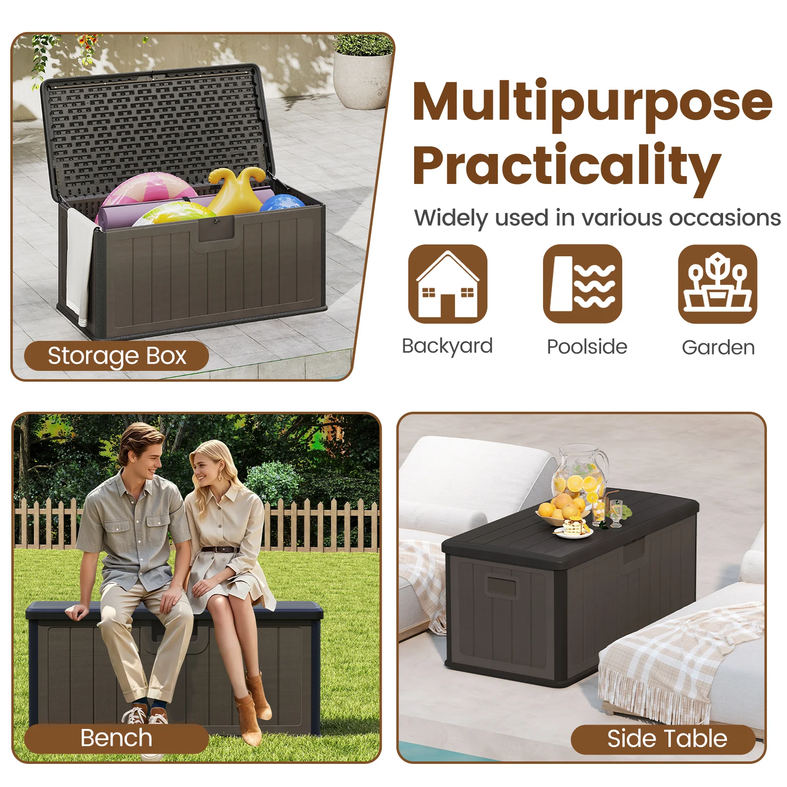 380L Large Waterproof Storage Deck Box for Garden Tools-Brown - Image 9