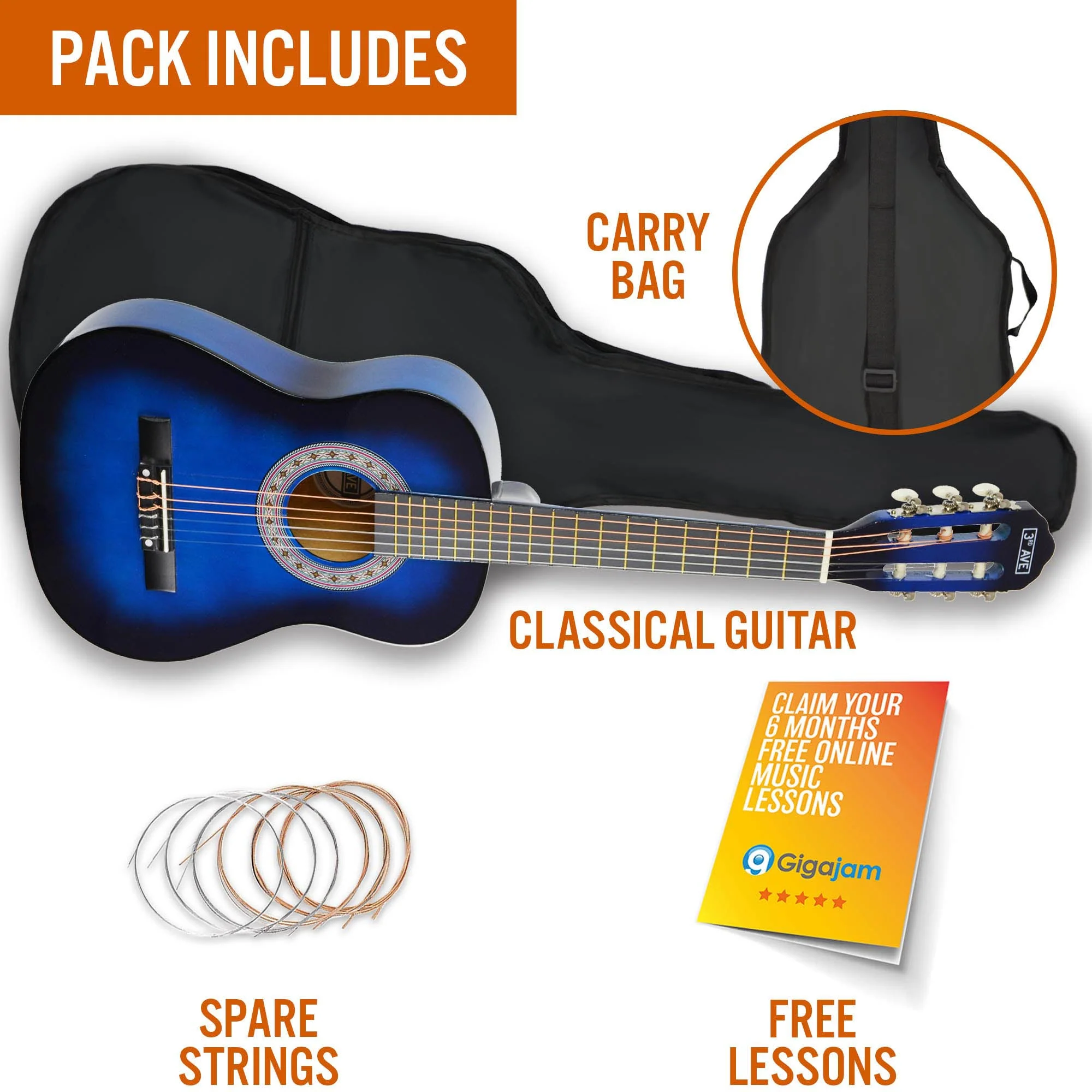 3rd Avenue 1/2 Size Classical Guitar Pack - Blueburst - Image 3