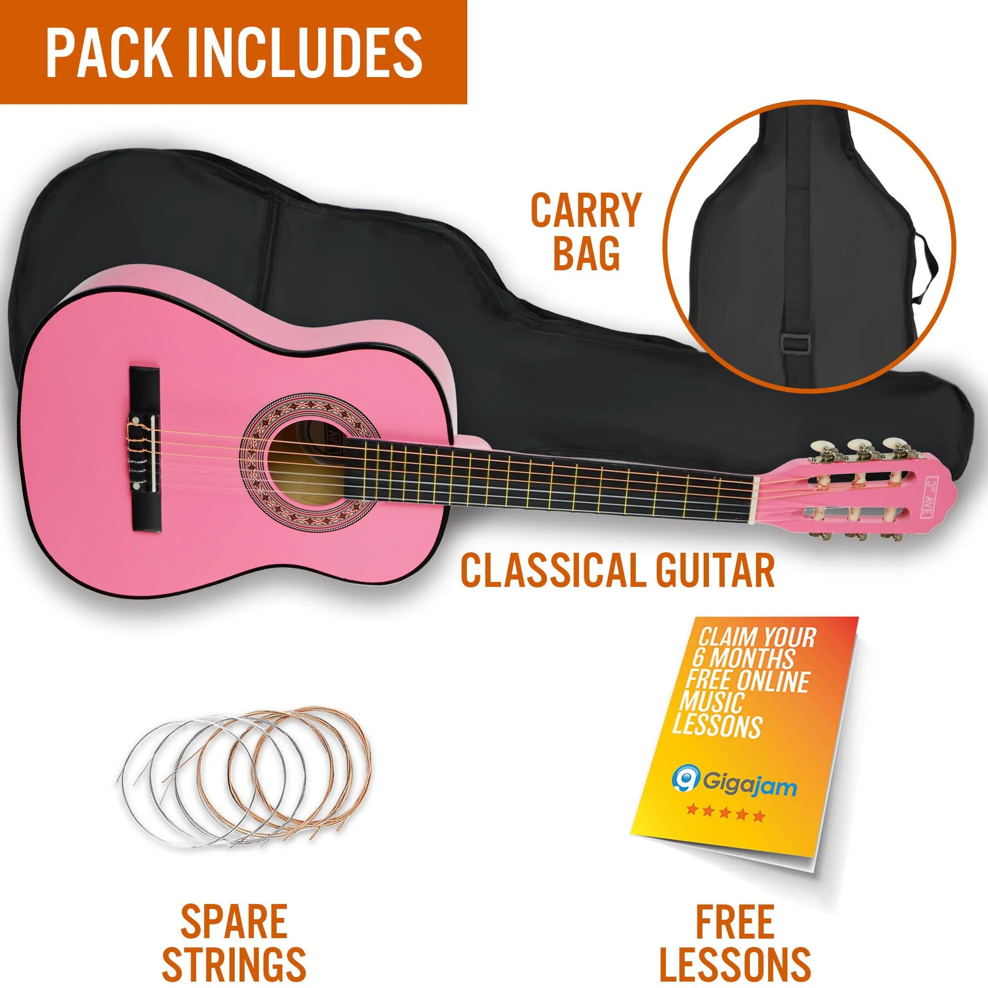 3rd Avenue 1/2 Size Classical Guitar Pack - Pink - Image 3