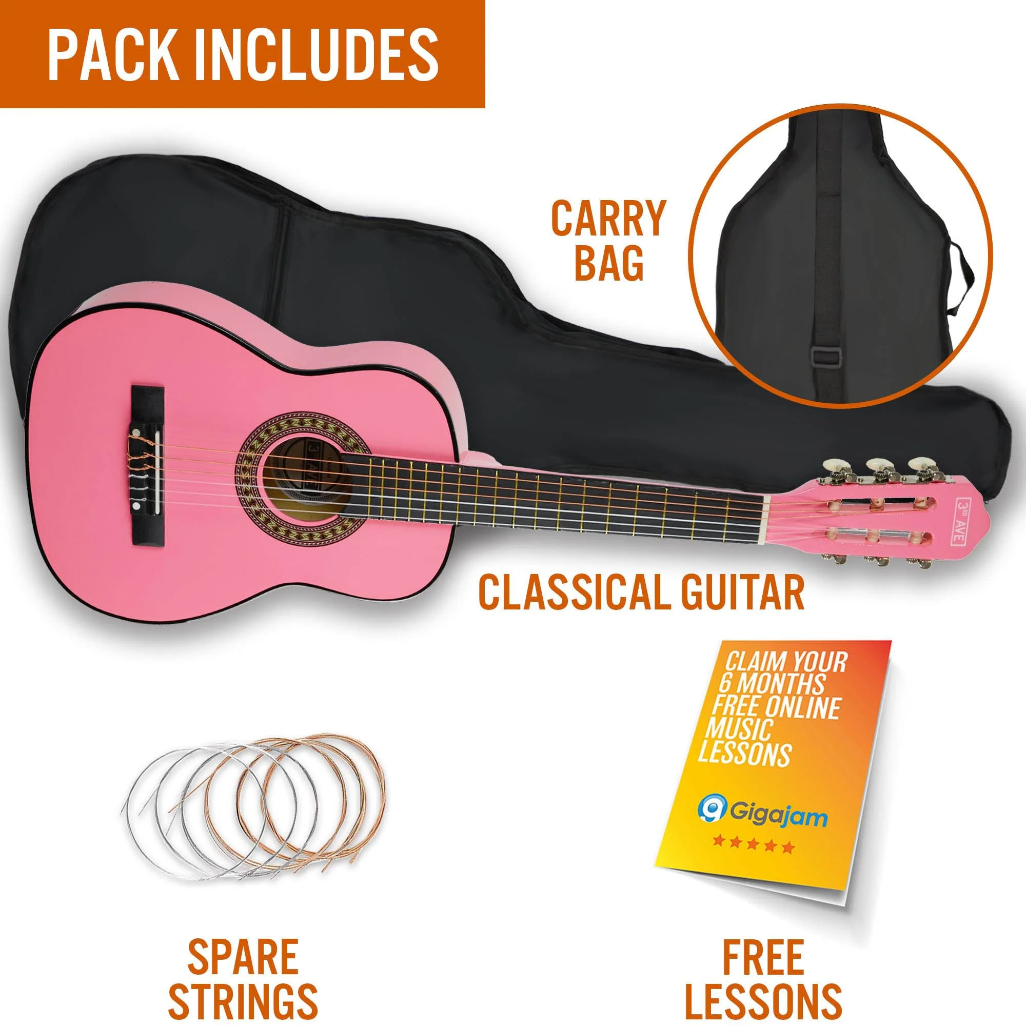 3rd Avenue 1/4 Size Classical Guitar Pack - Pink - Image 3