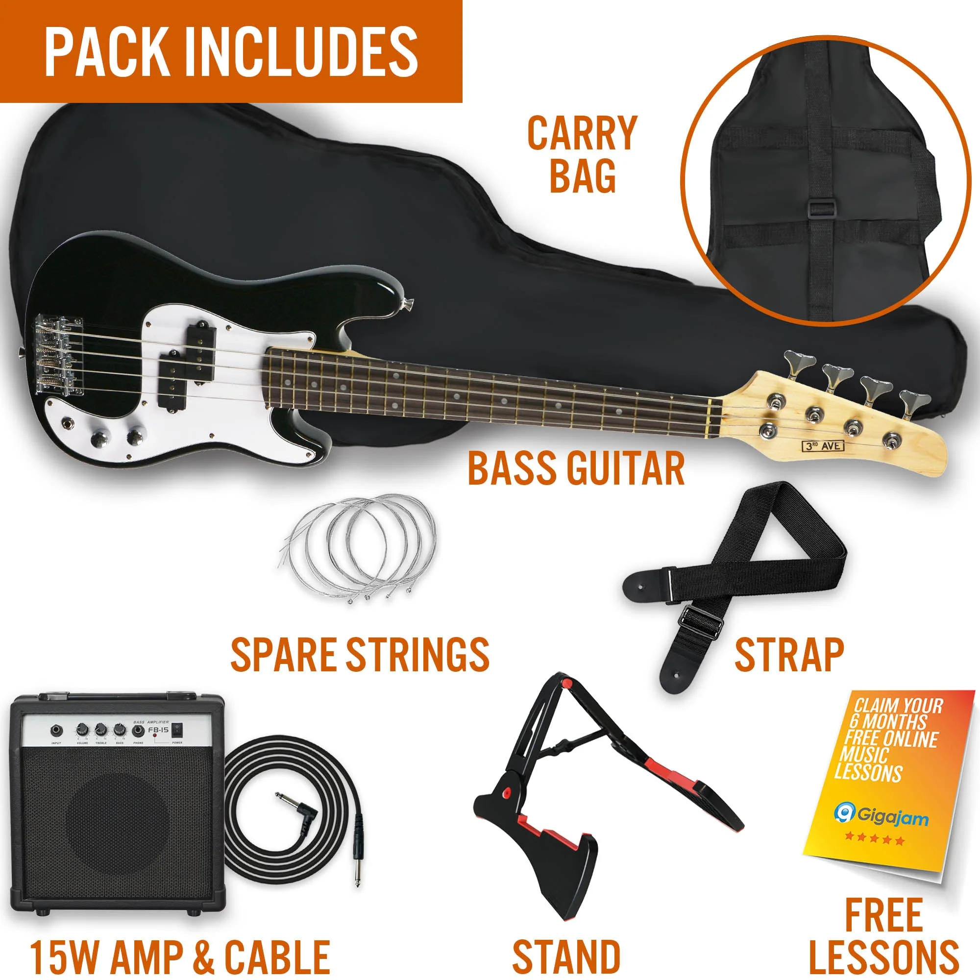3rd Avenue 3/4 Bass Guitar Starter Pack - Black - Image 3