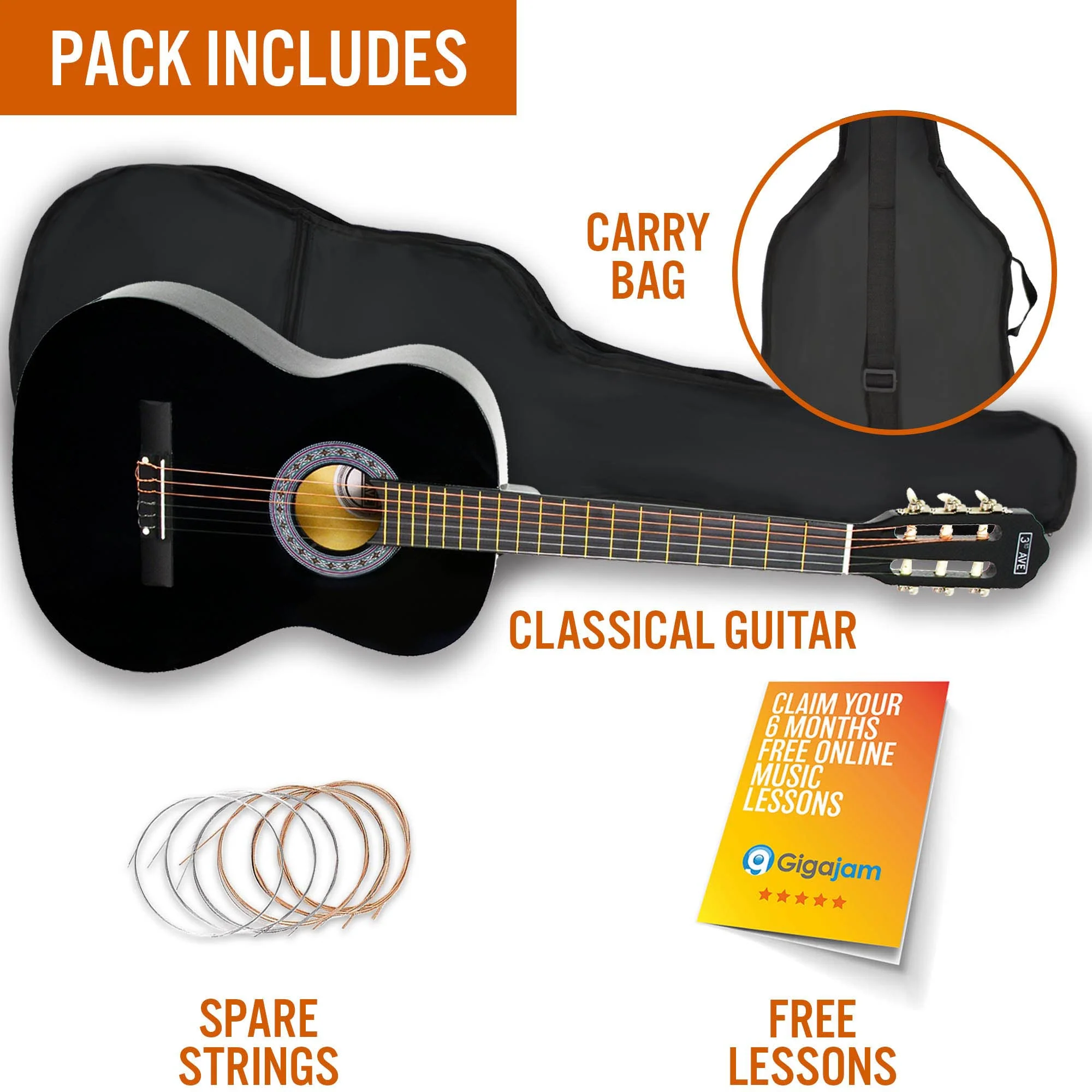 3rd Avenue 3/4 Size Classical Guitar Pack - Black - Image 3