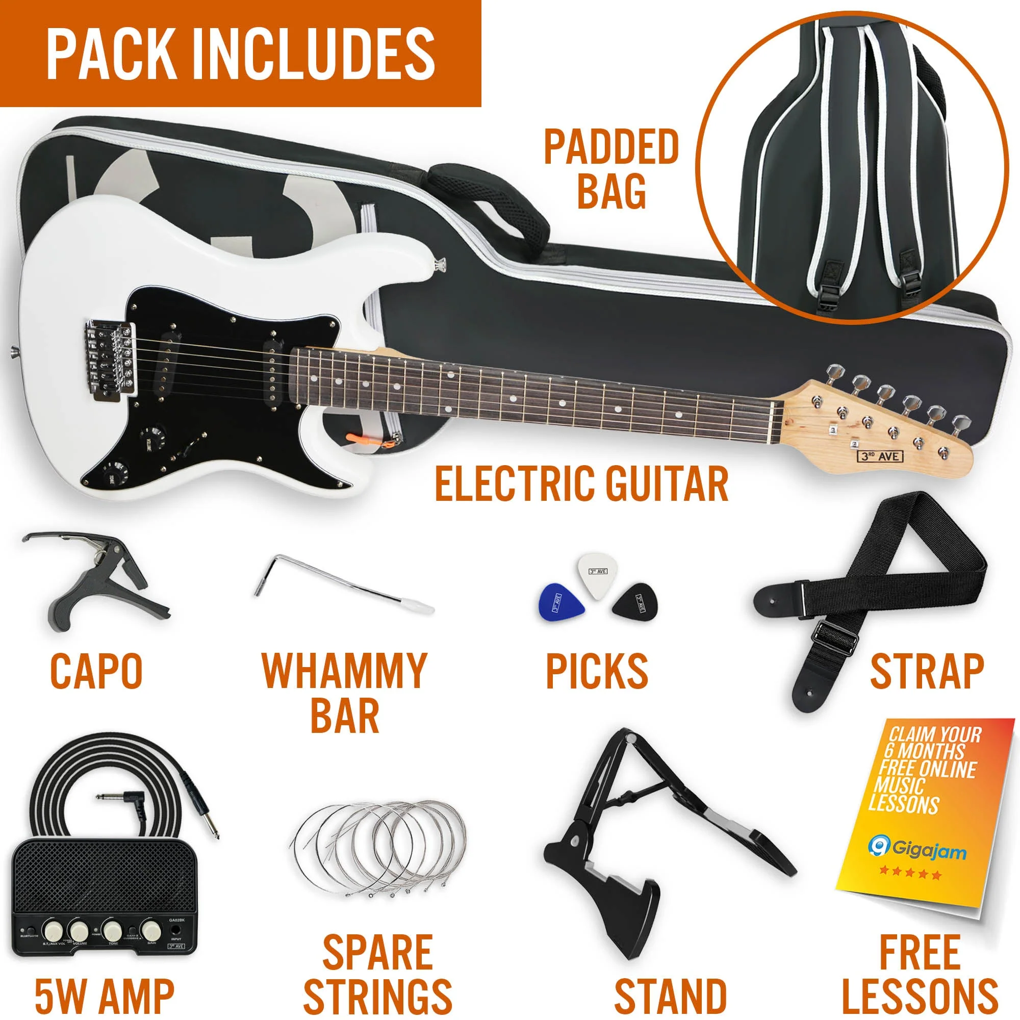 3rd Avenue 3/4 Size Electric Guitar Starter Pack - White - Image 3