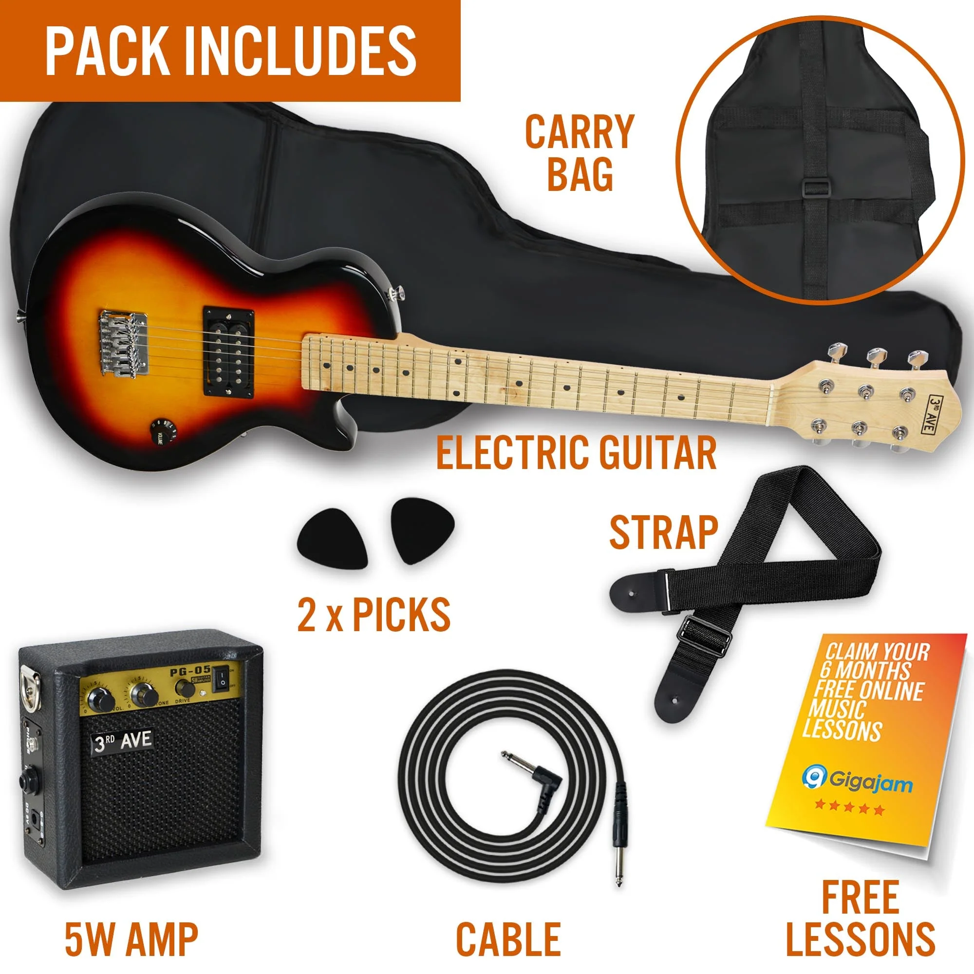 3rd Avenue 34 Inch Junior Electric Guitar Pack - Sunburst - Image 3