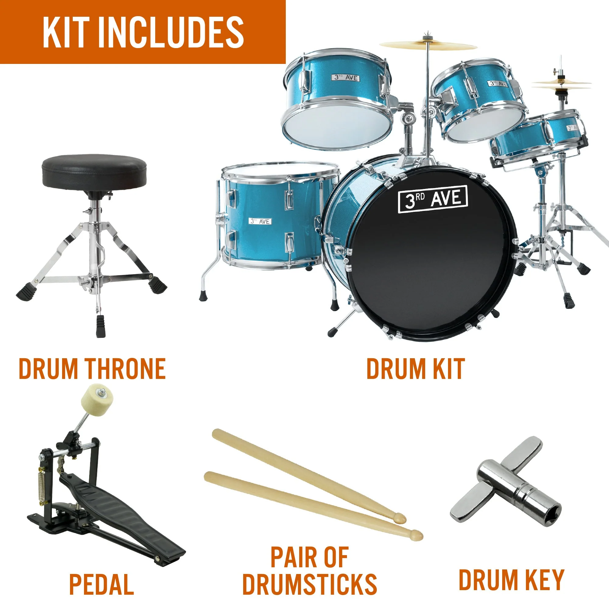 3rd Avenue 5 Piece Junior Drum Kit - Metallic Blue - Image 3