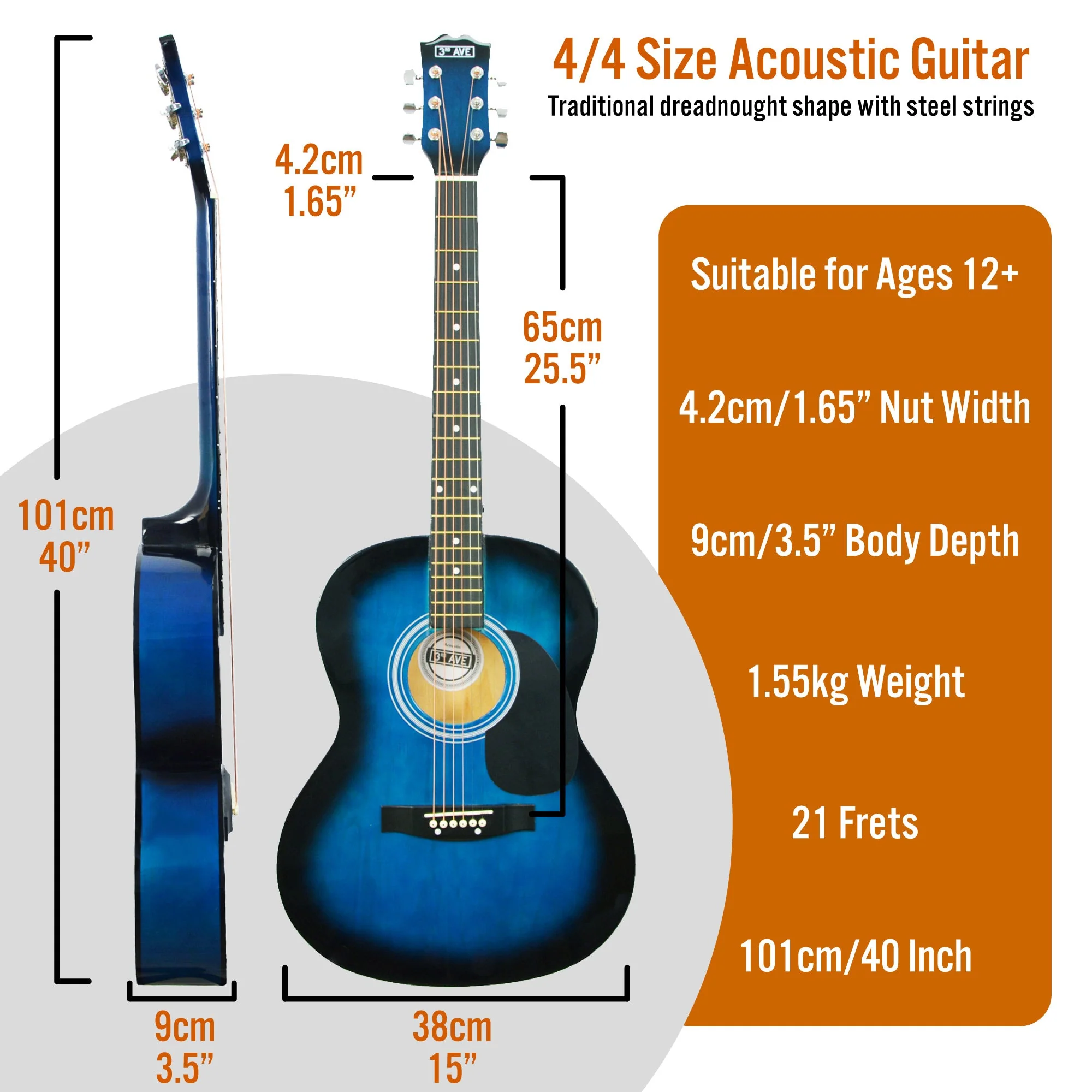 3rd Avenue Acoustic Guitar Premium Pack - Blueburst - Image 2