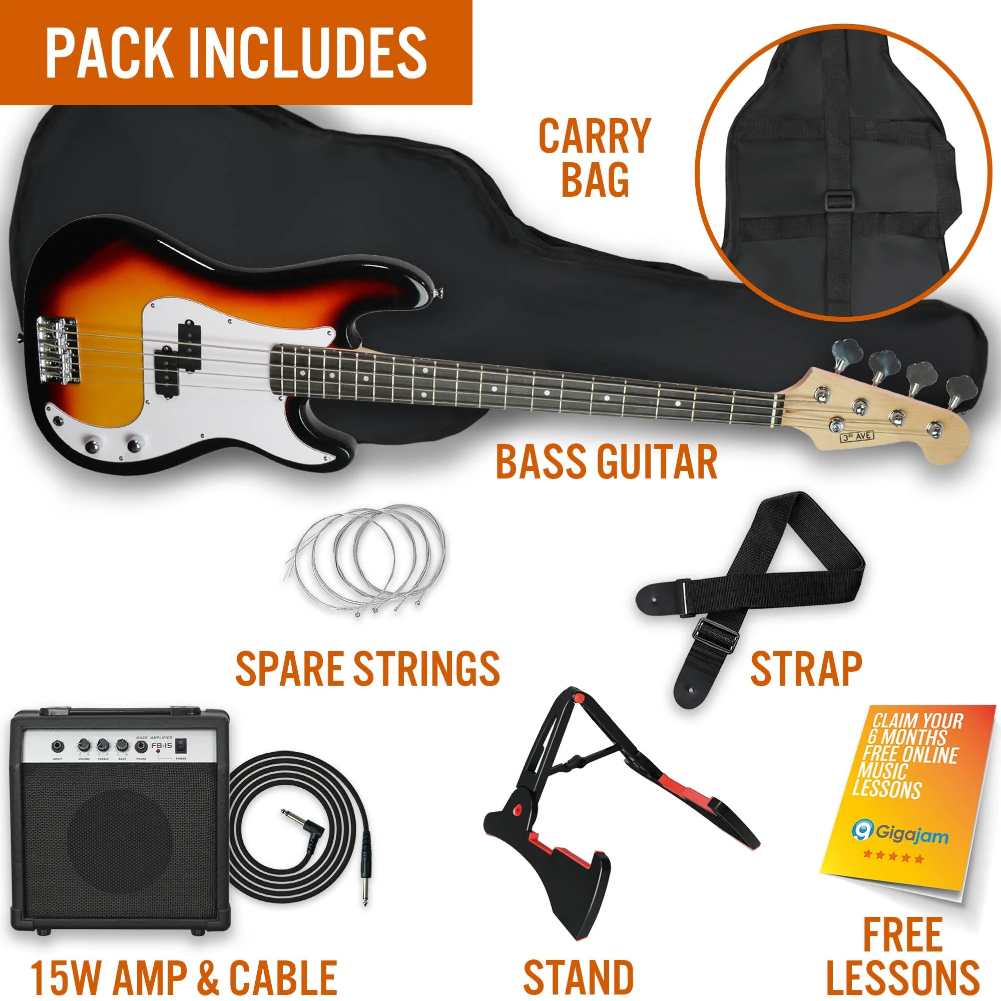 3rd Avenue Bass Guitar Starter Pack - Sunburst - Image 3