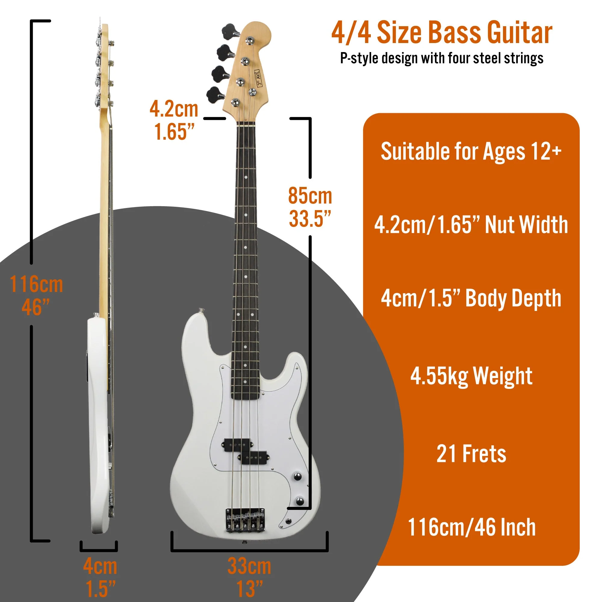 3rd Avenue Bass Guitar Starter Pack - White - Image 2
