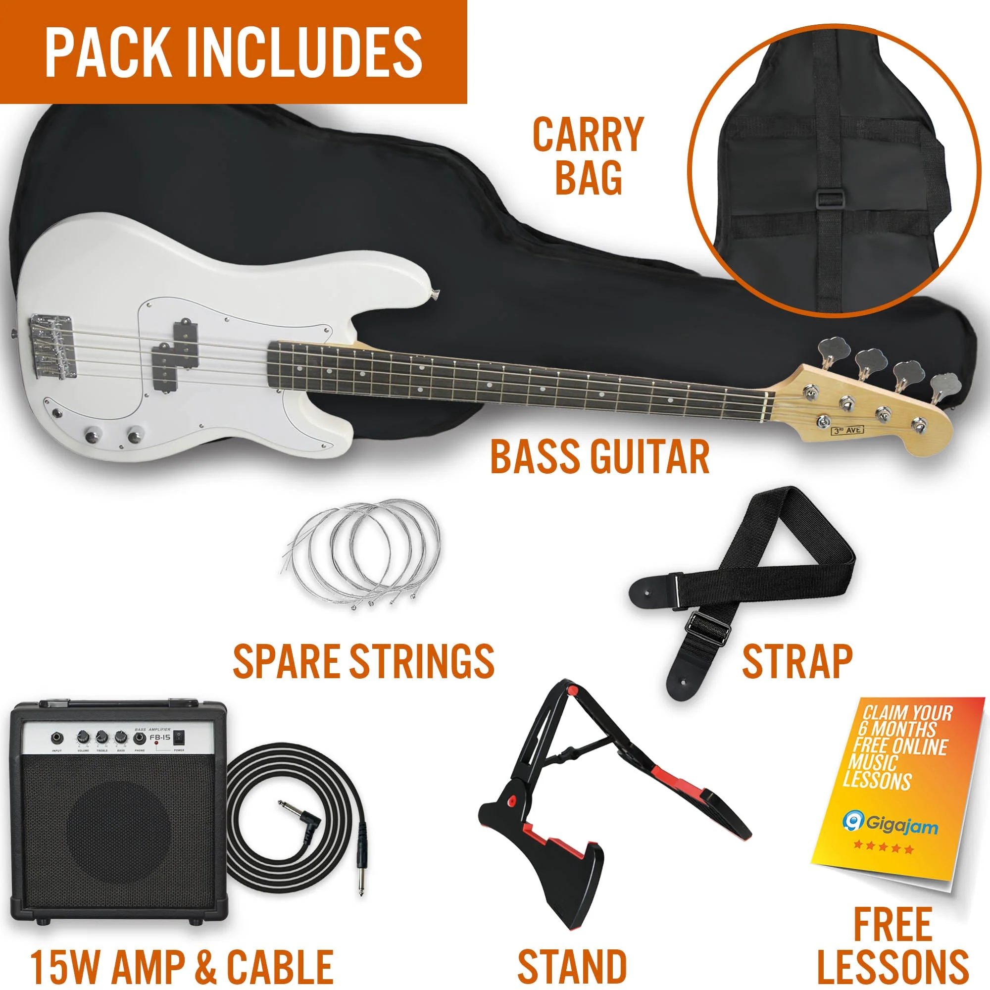 3rd Avenue Bass Guitar Starter Pack - White - Image 3
