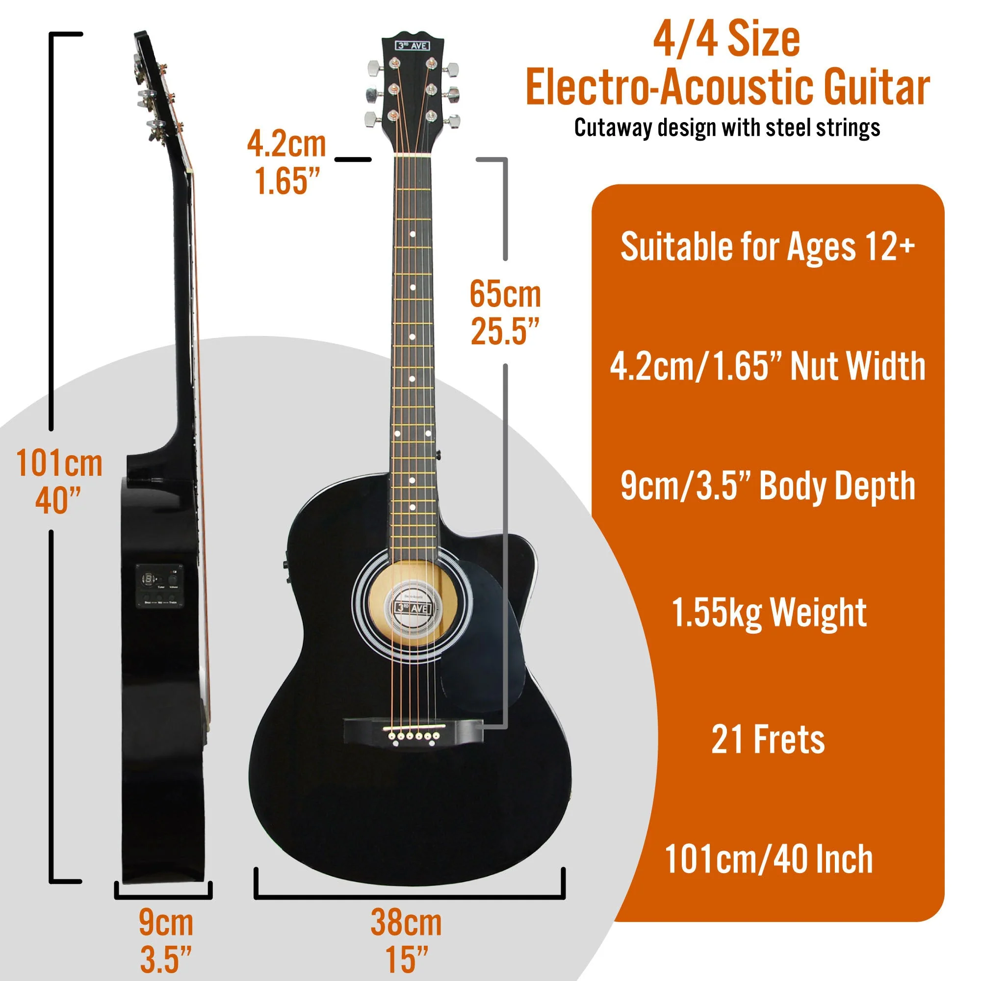3rd Avenue Cutaway Electro Acoustic Guitar Pack - Black - Image 2