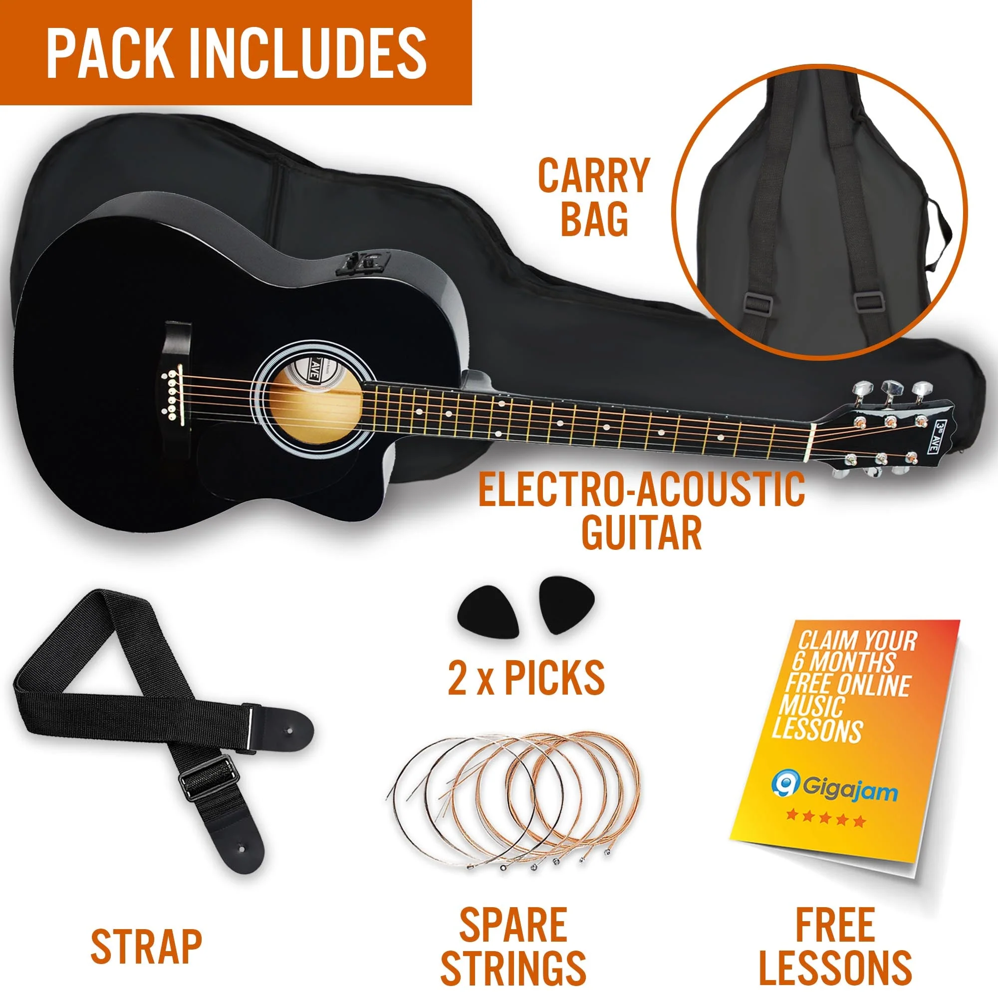 3rd Avenue Cutaway Electro Acoustic Guitar Pack - Black - Image 3