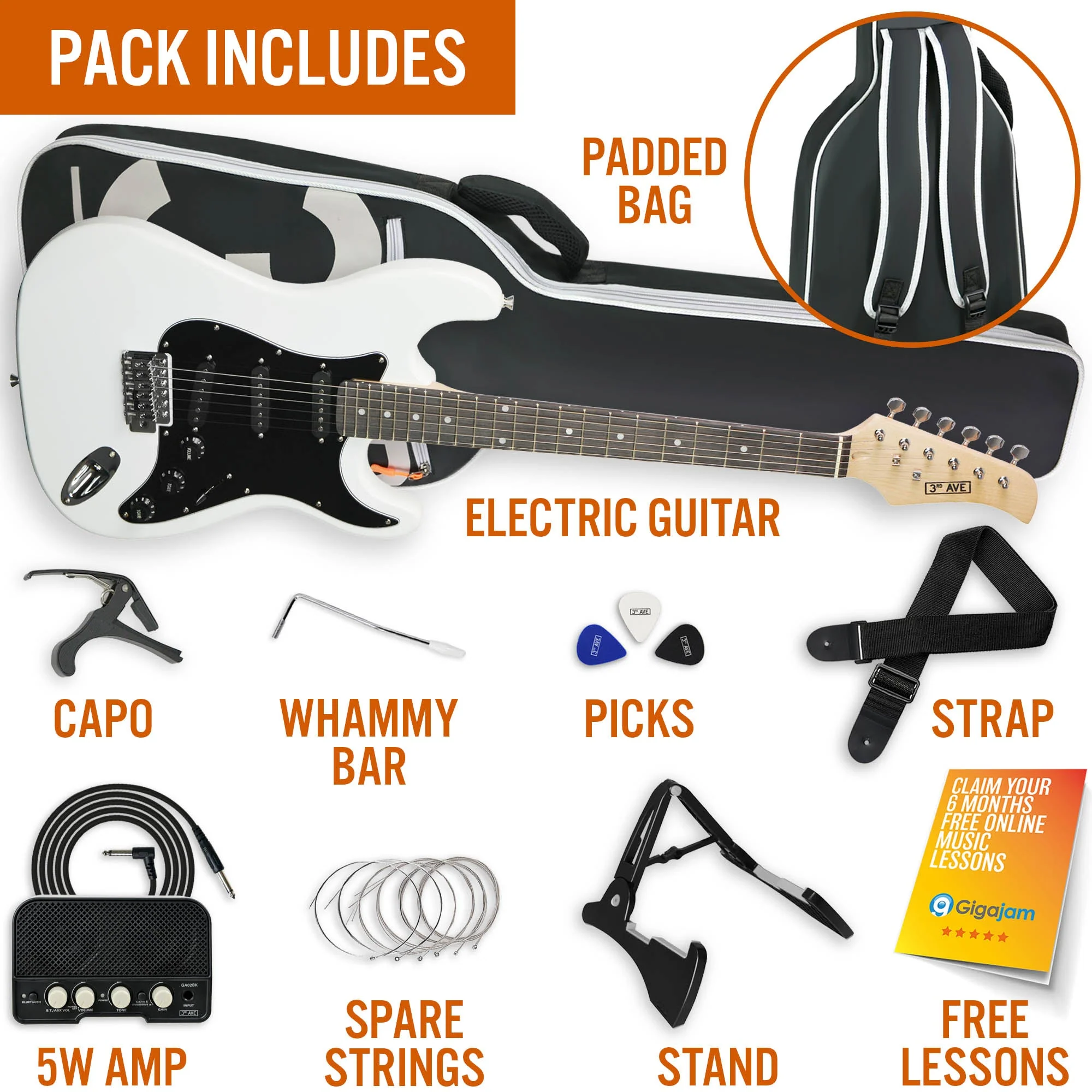 3rd Avenue Electric Guitar Starter Pack - White - Image 3