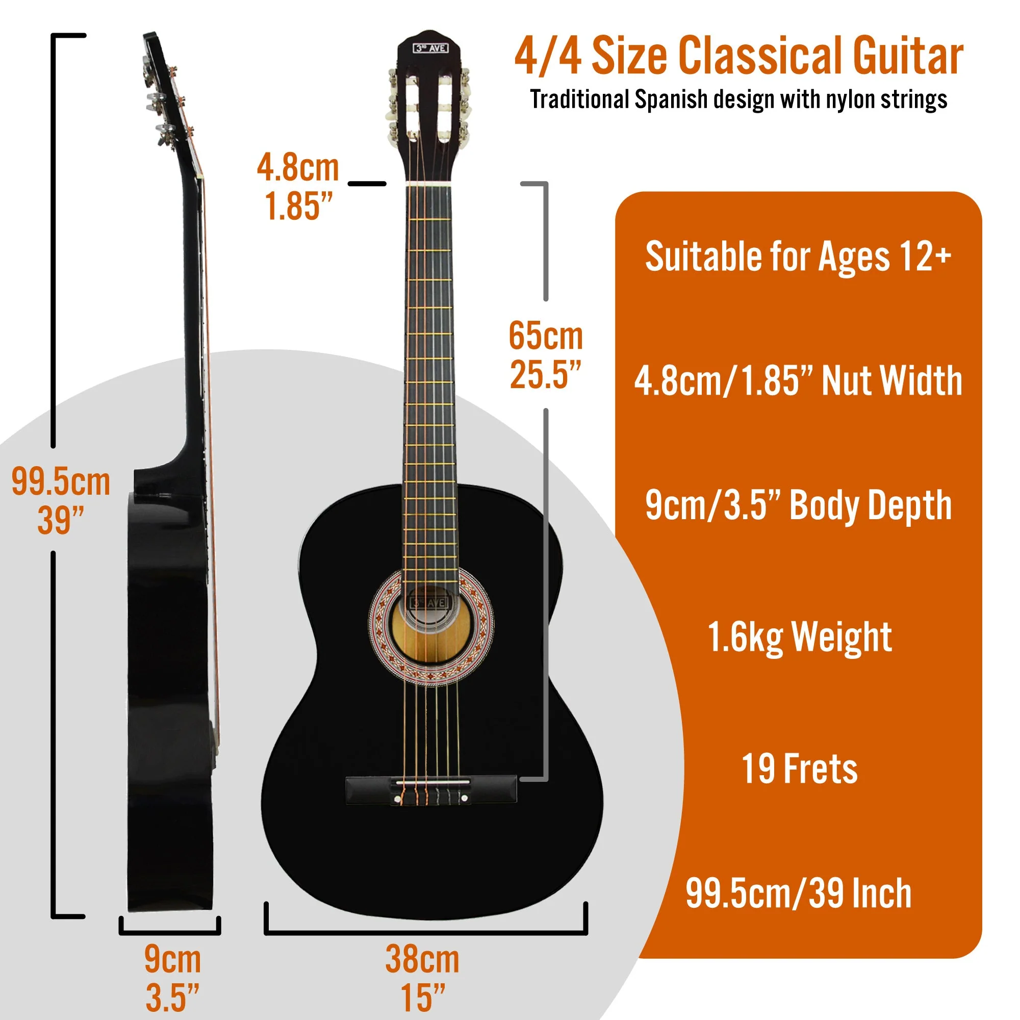3rd Avenue Full Size Classical Guitar Pack - Black - Image 2