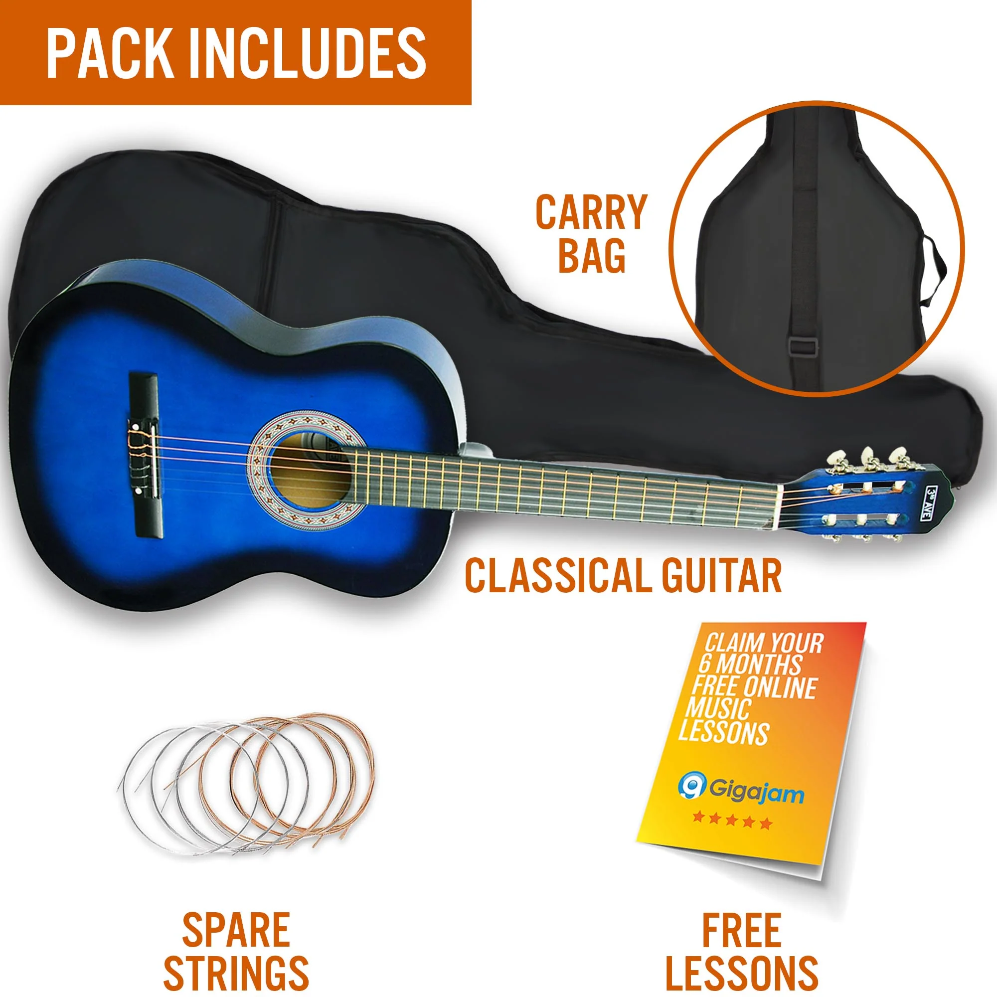 3rd Avenue Full Size Classical Guitar Pack - Blueburst - Image 3