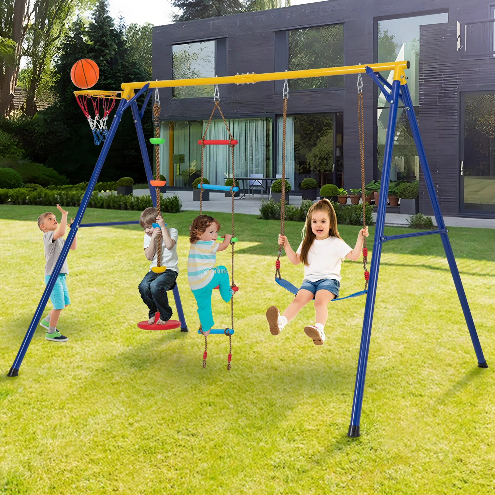 4-in-1 Heavy Duty Swing Set with 1 Basketball Hoop and 1 Adjustable Belt Swing-Blue & Yellow - Image 3
