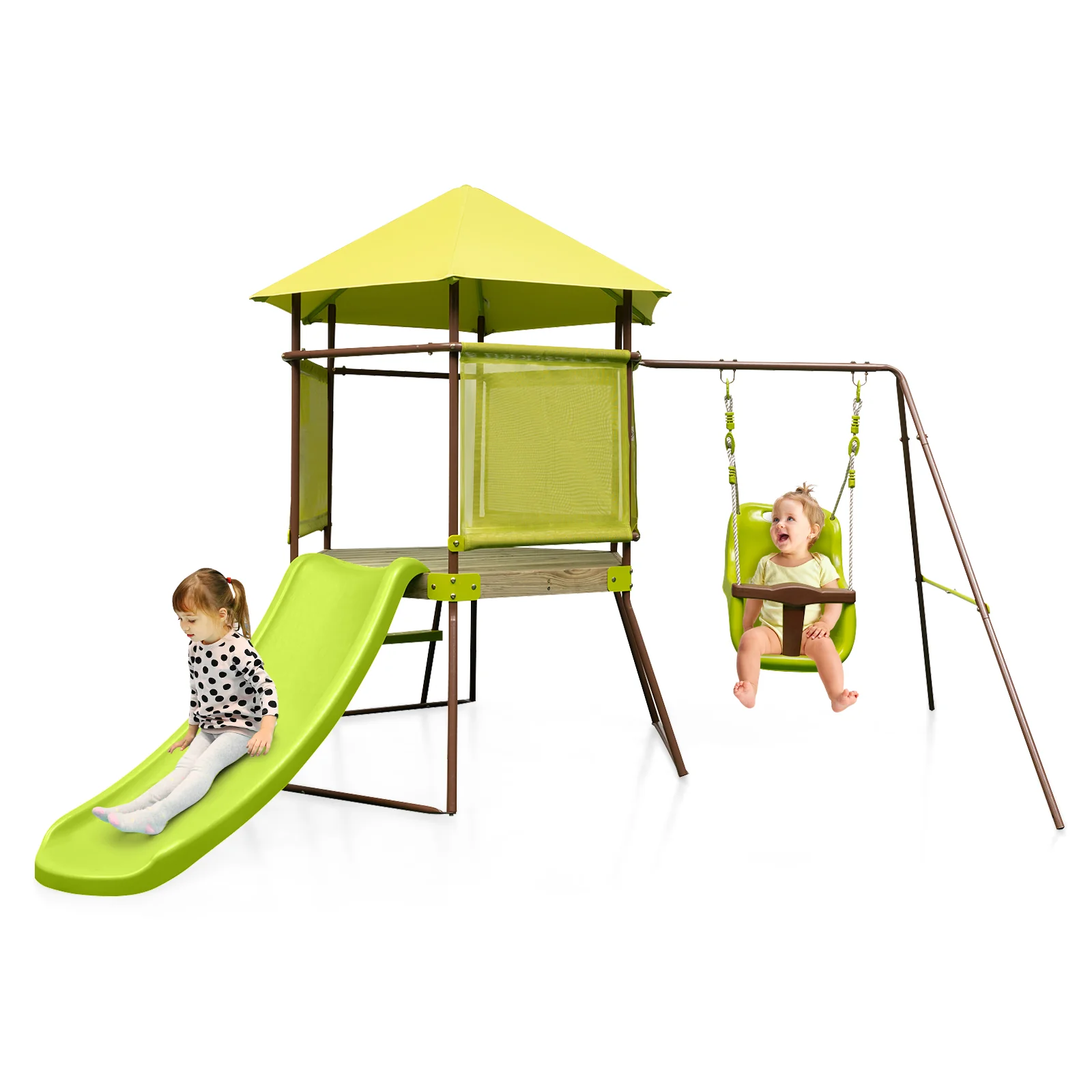 4-in-1 Swing Set with Height Adjustable Baby Seat, Metal Stand and Ground Stakes-Green - Image 3