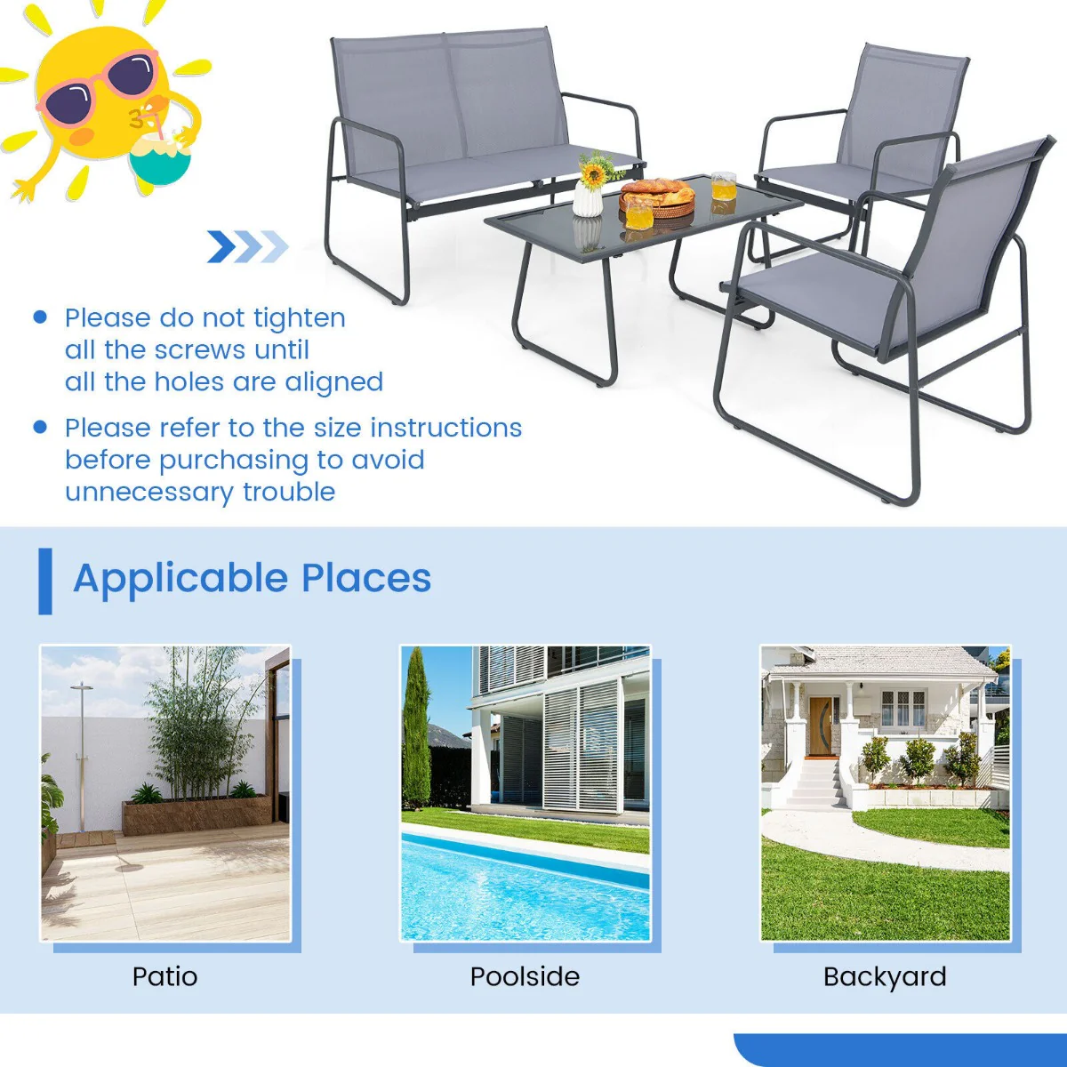 4 Piece Garden Patio Bistro Furniture Set With Loveseat, Coffee Table And 2 Chairs - Image 10