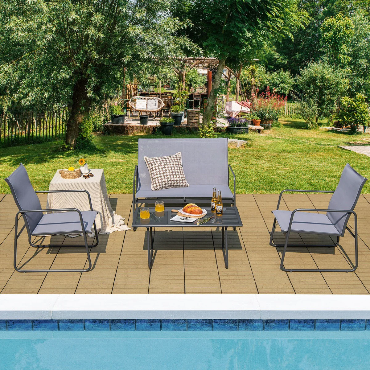4 Piece Garden Patio Bistro Furniture Set With Loveseat, Coffee Table And 2 Chairs - Image 7
