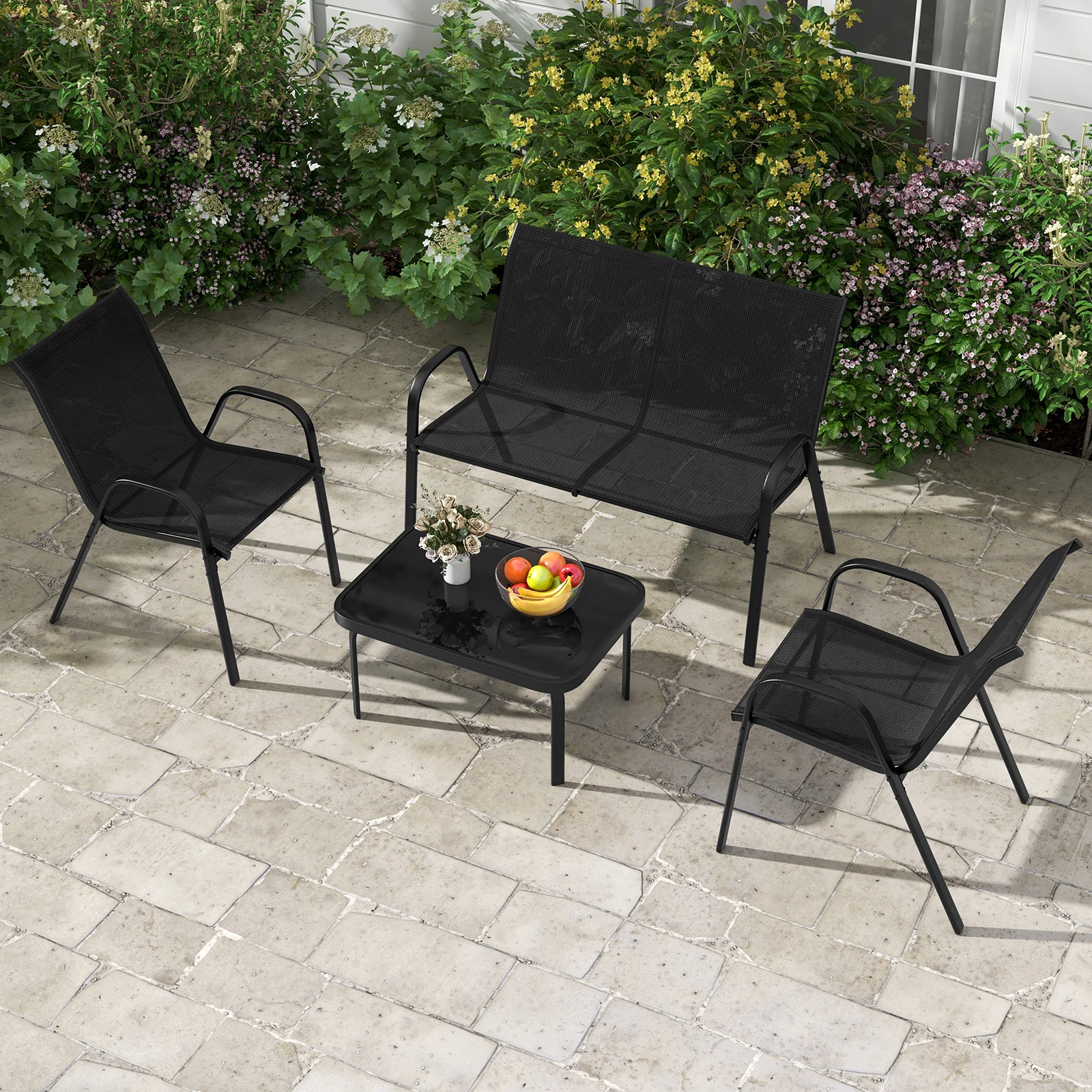 4 Piece Modern Chair and Table Set with Fabric Seat and Tempered Glass Tabletop-Black - Image 2